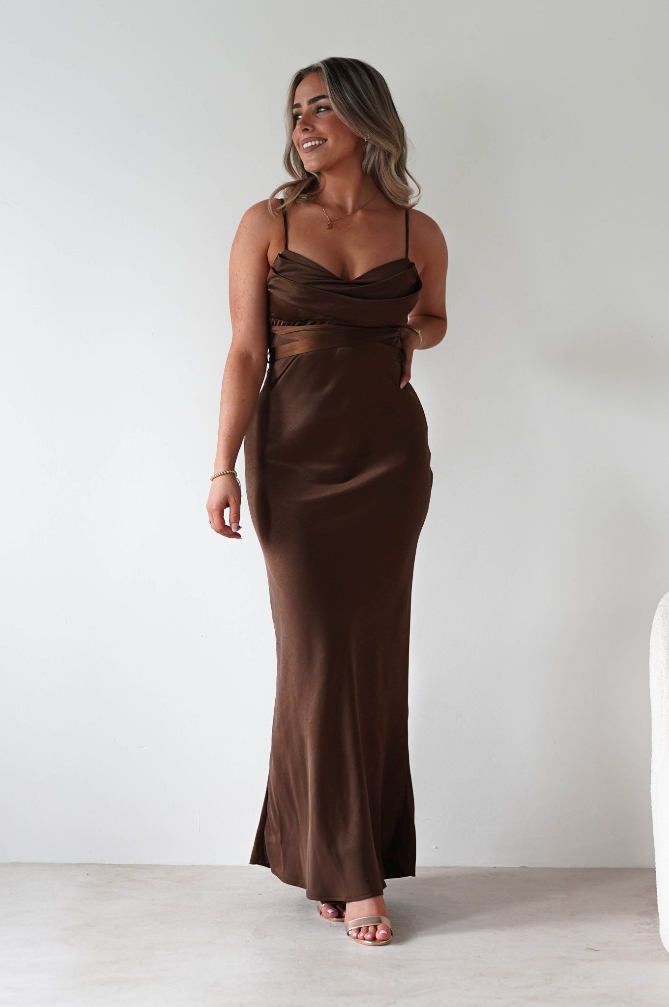 Everleigh Soft Satin Midaxi Dress | Brown | Oh Hello Clothing | XS (6)