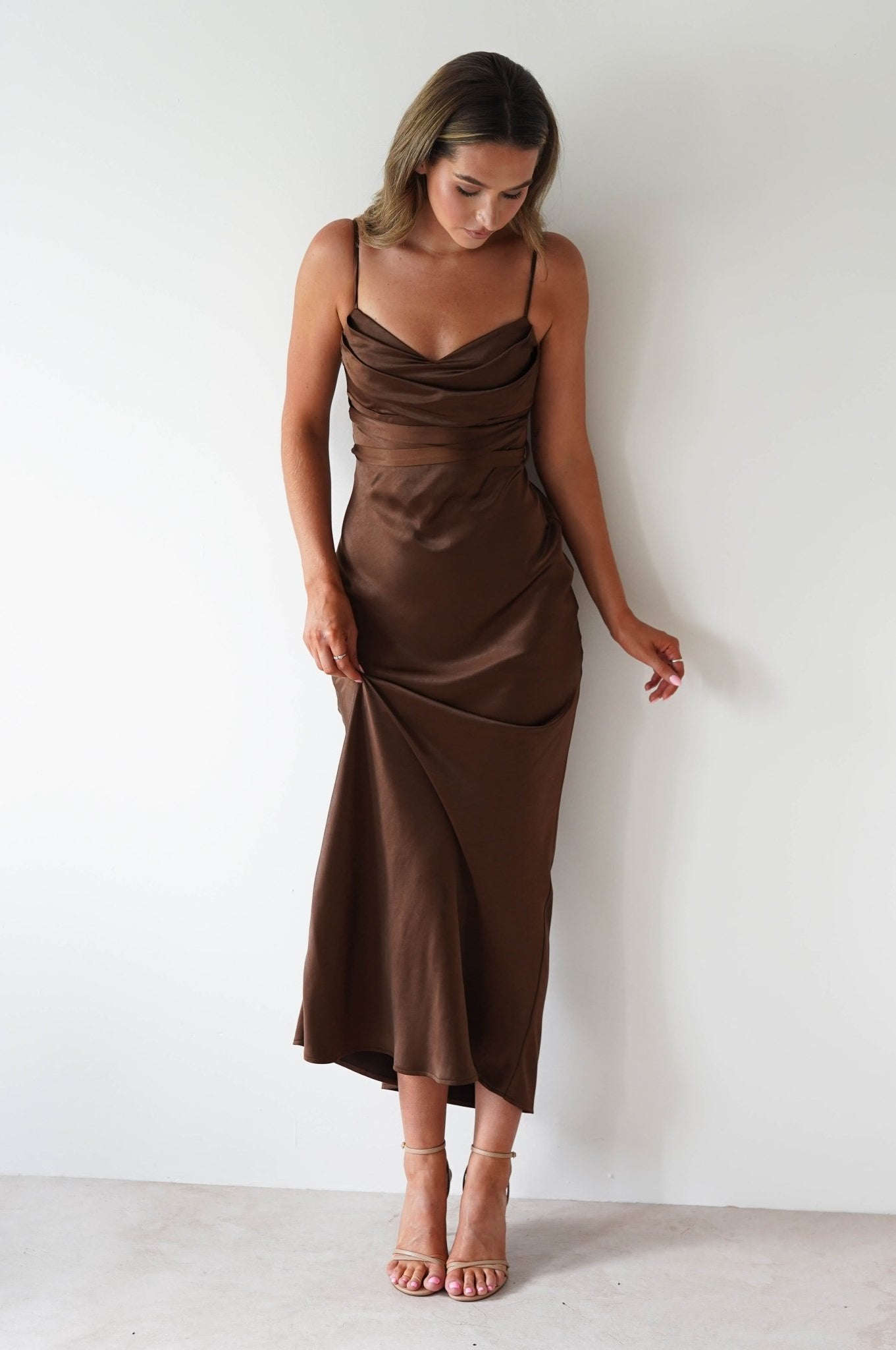 Everleigh Soft Satin Midaxi Dress | Brown | Oh Hello Clothing | XS (6)
