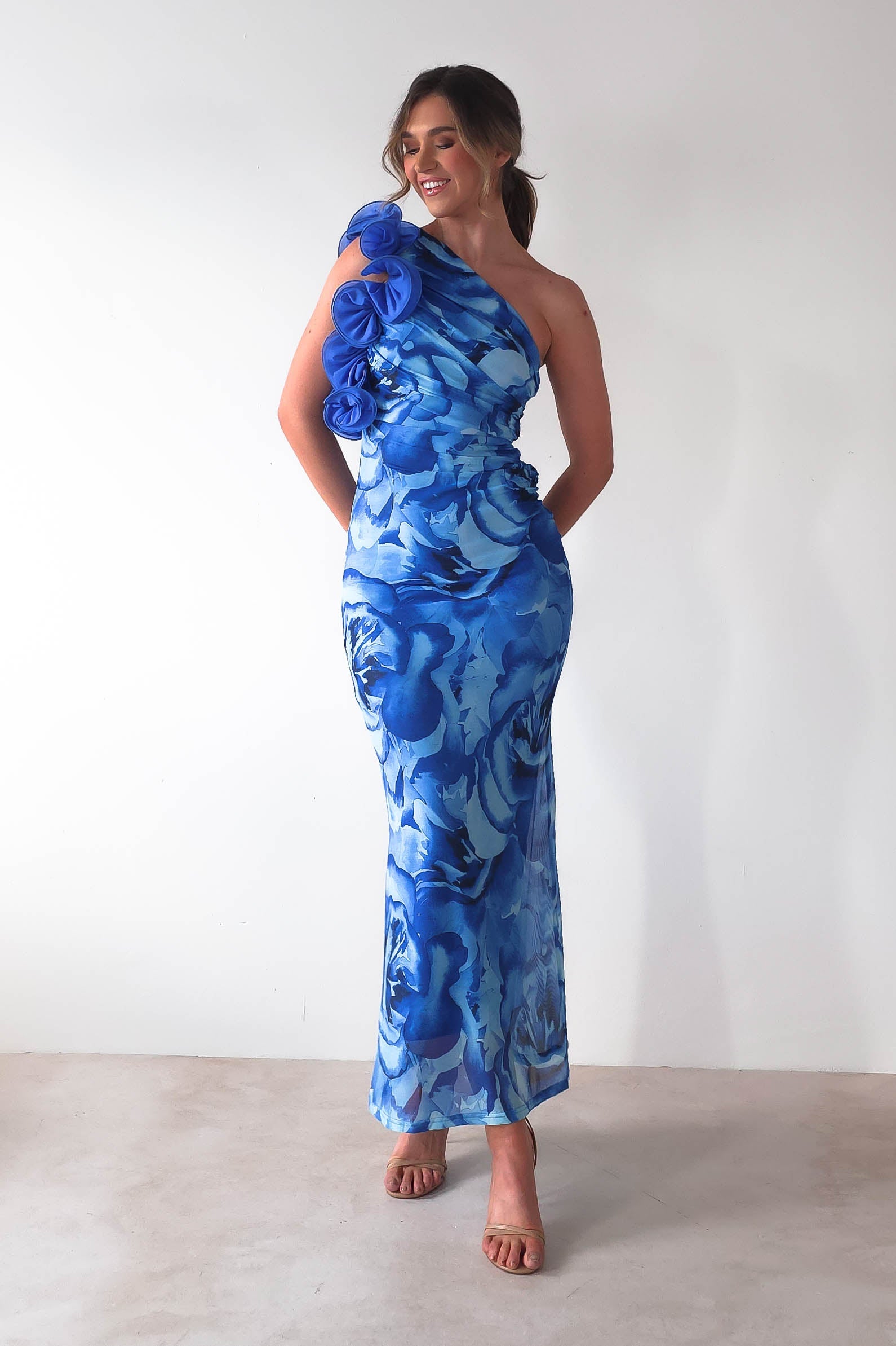 Genie Ruffle Printed Maxi Dress | Blue | Oh Hello Clothing | XS (6)