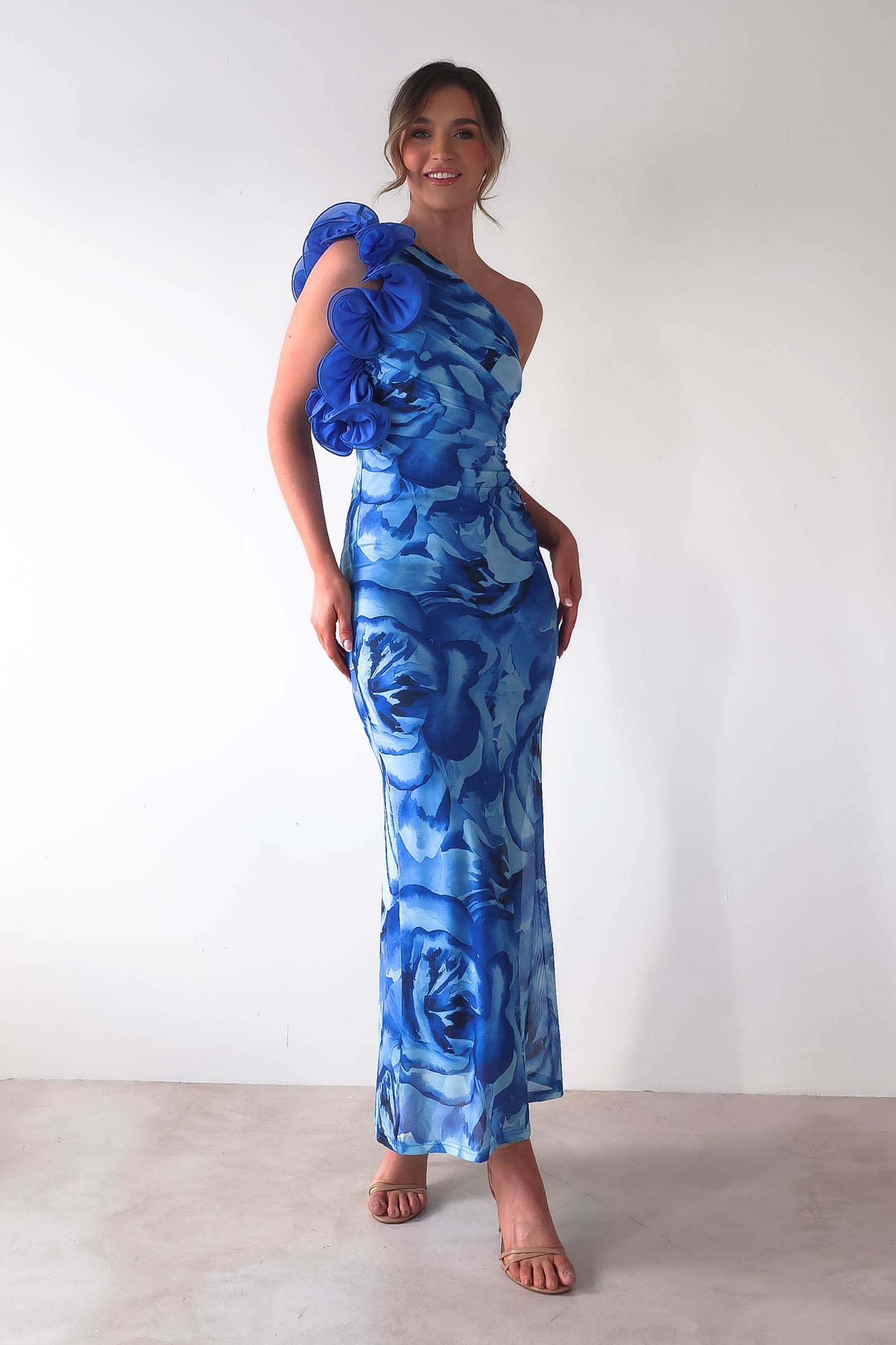 Genie Ruffle Printed Maxi Dress | Blue | Oh Hello Clothing | XS (6)