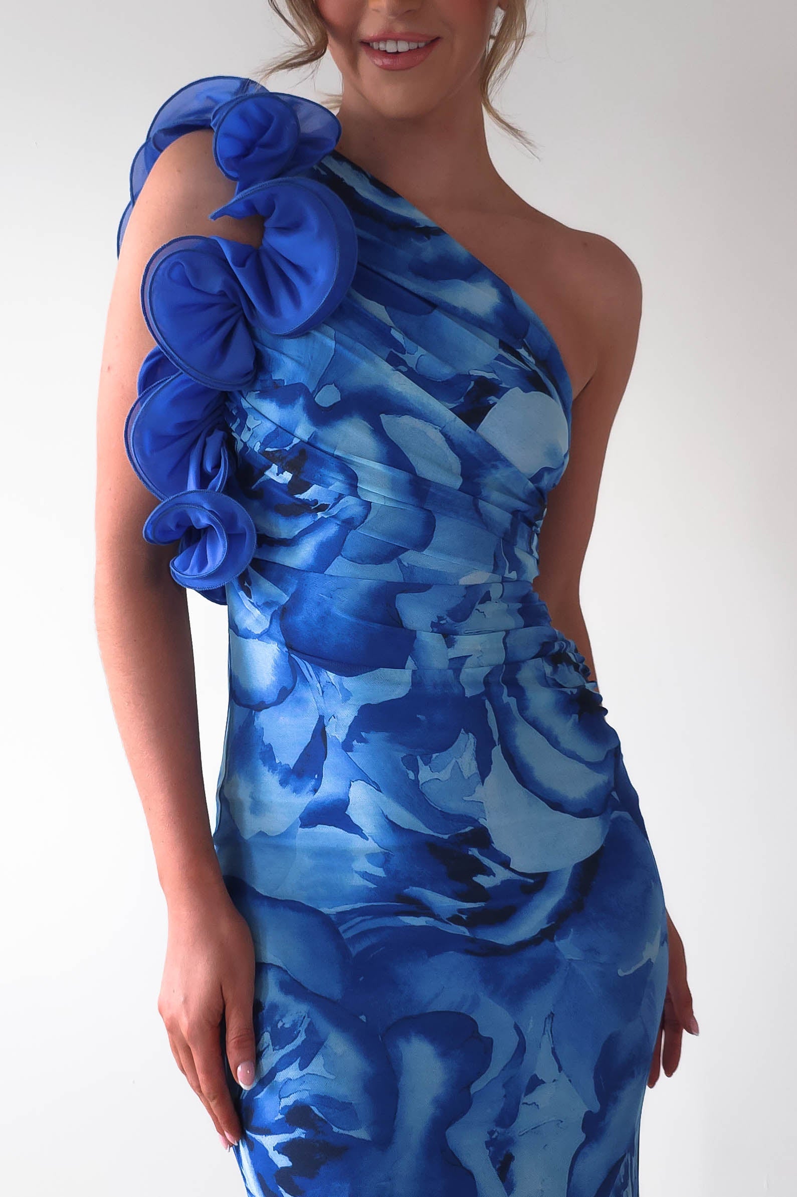 Genie Ruffle Printed Maxi Dress | Blue | Oh Hello Clothing | XS (6)