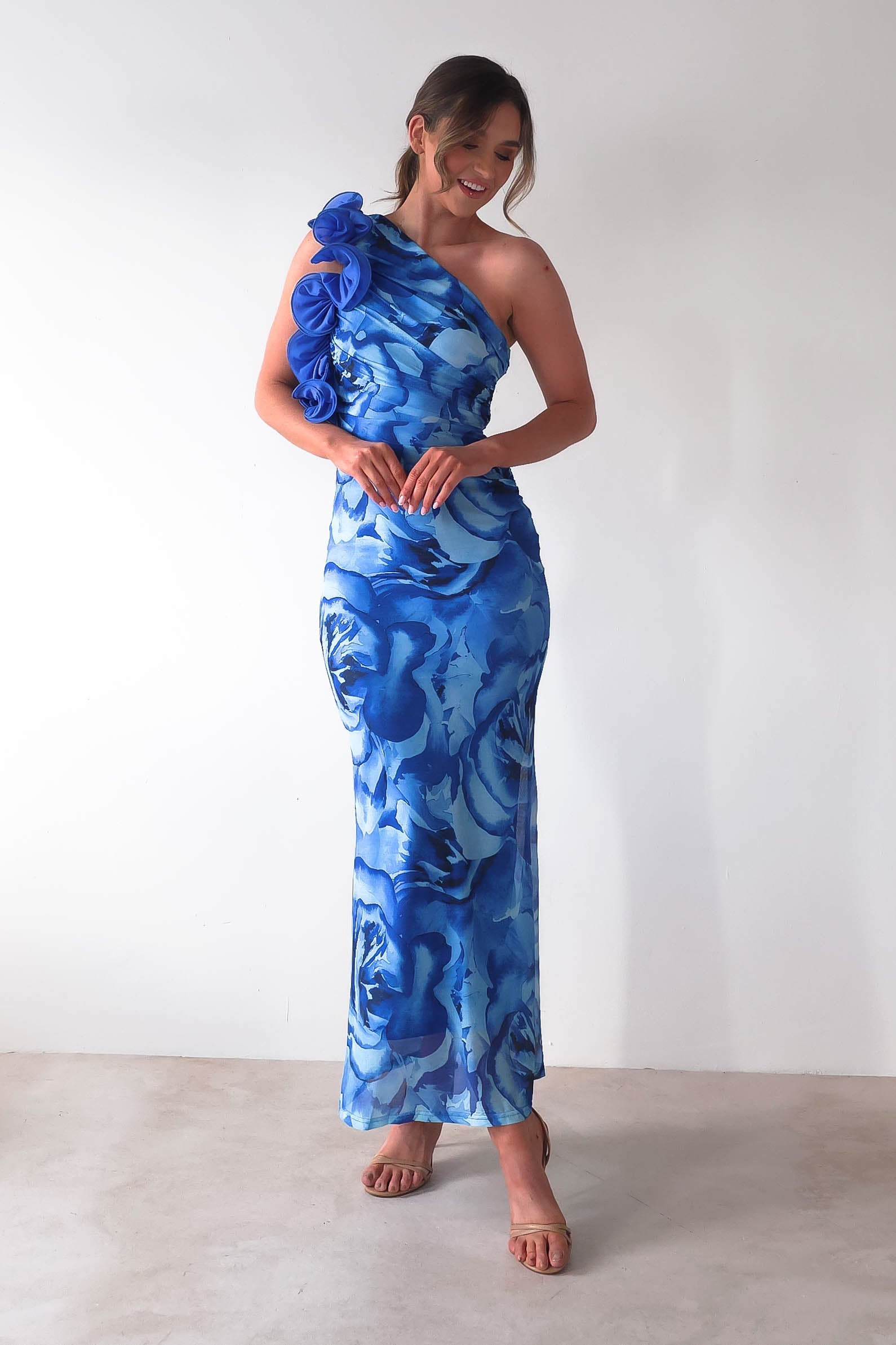 Genie Ruffle Printed Maxi Dress | Blue | Oh Hello Clothing | XS (6)