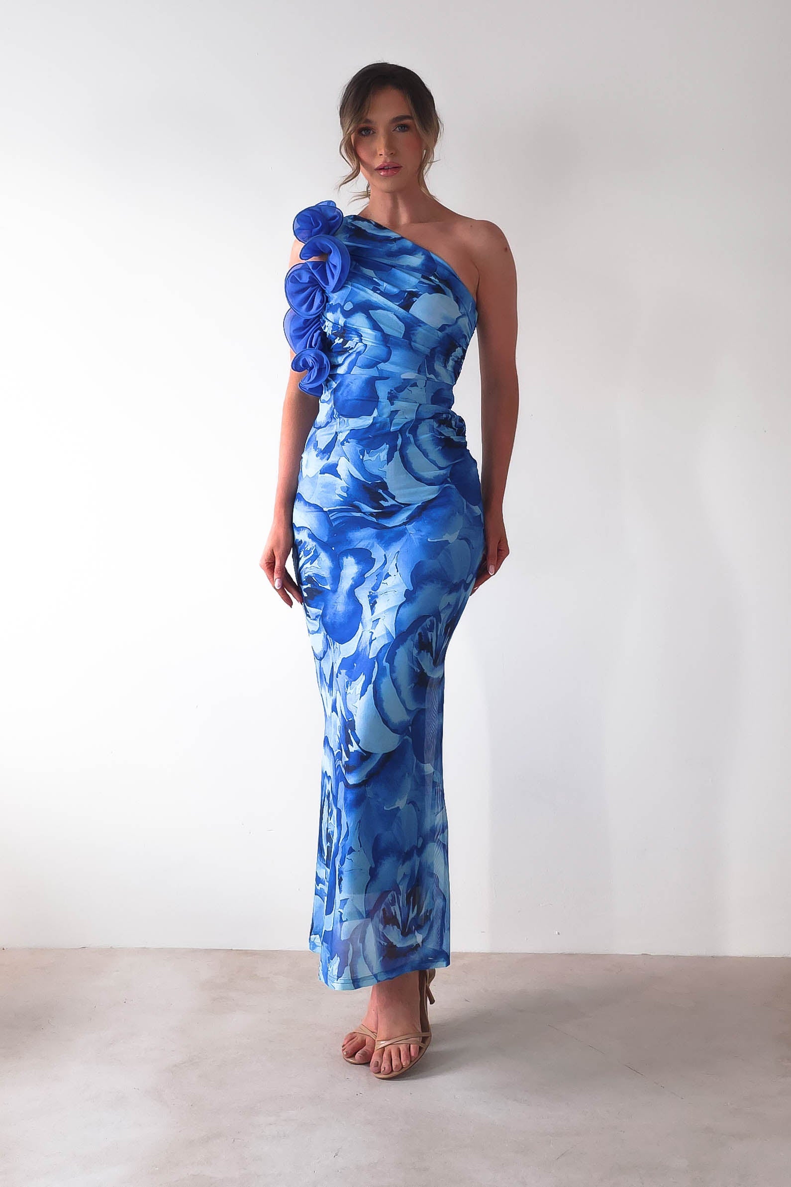 Genie Ruffle Printed Maxi Dress | Blue | Oh Hello Clothing | XS (6)