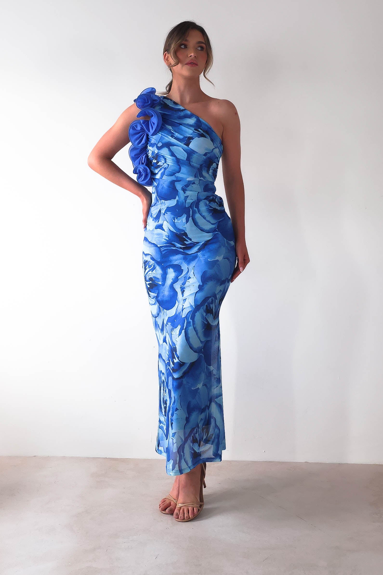 Genie Ruffle Printed Maxi Dress | Blue | Oh Hello Clothing | XS (6)