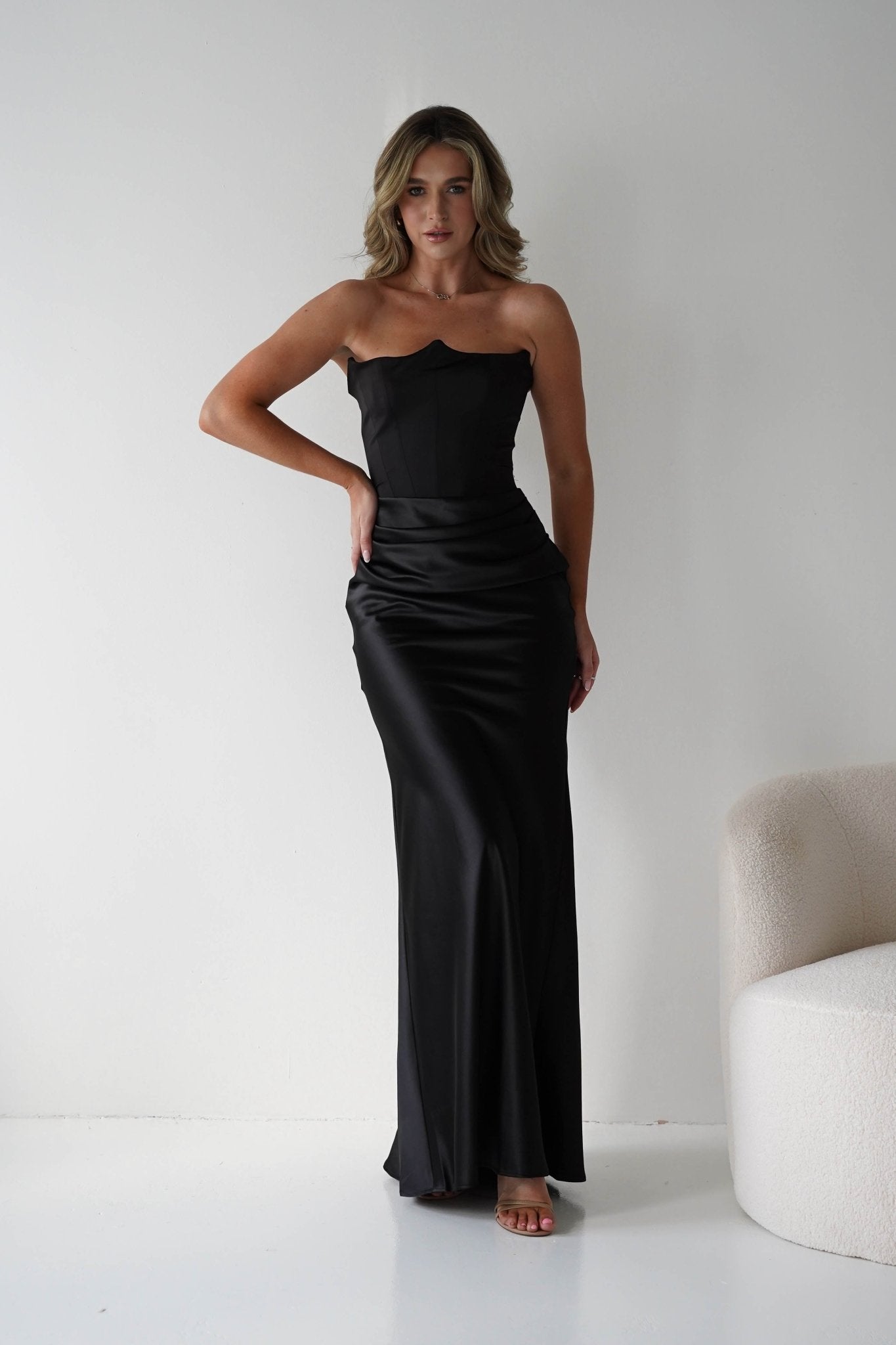 Giselle Corset Satin Maxi Dress | Black | Oh Hello Clothing | XS (6)