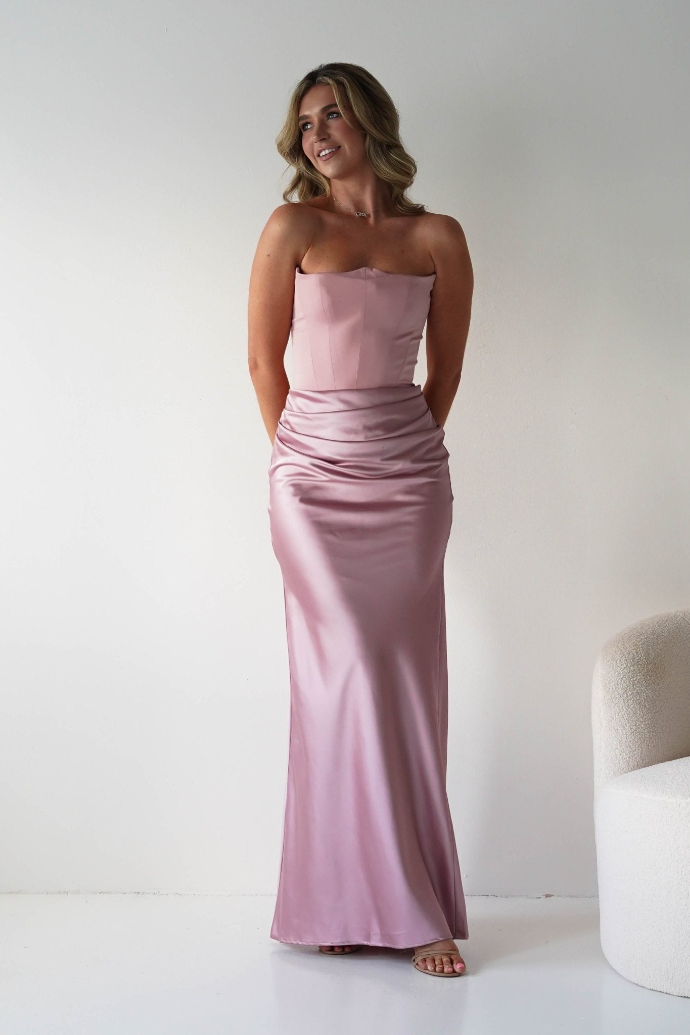 Giselle Corset Satin Maxi Dress | Blush | Oh Hello Clothing | XS (6)