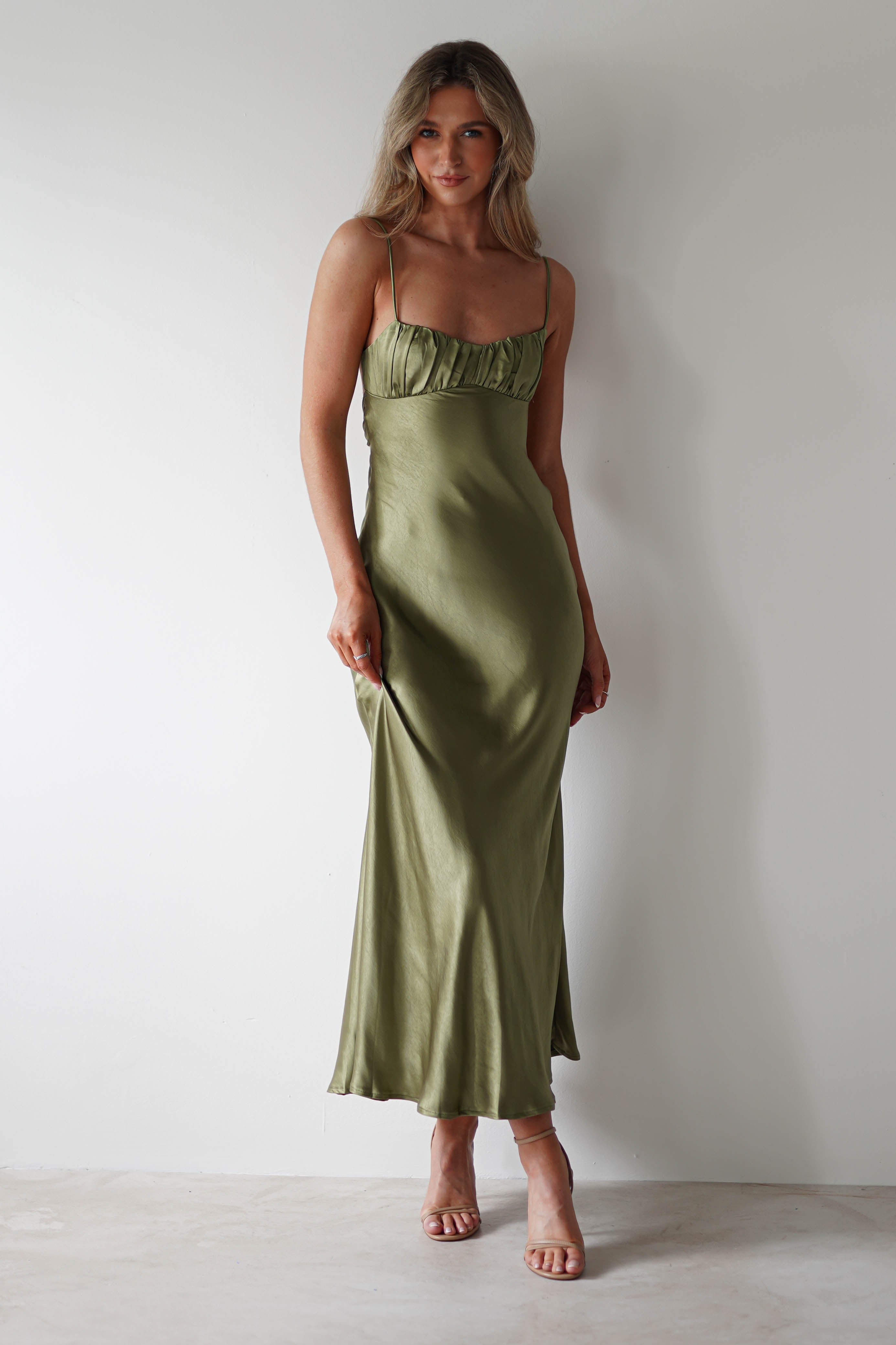 Grace Soft Satin Maxi Dress | Olive | Oh Hello Clothing | XS (6)