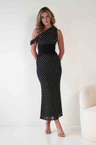 Hailey One Shoulder Polka Dot Dress | Black | Oh Hello Clothing | XS (6)