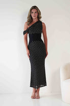 Hailey One Shoulder Polka Dot Dress | Black | Oh Hello Clothing | XS (6)