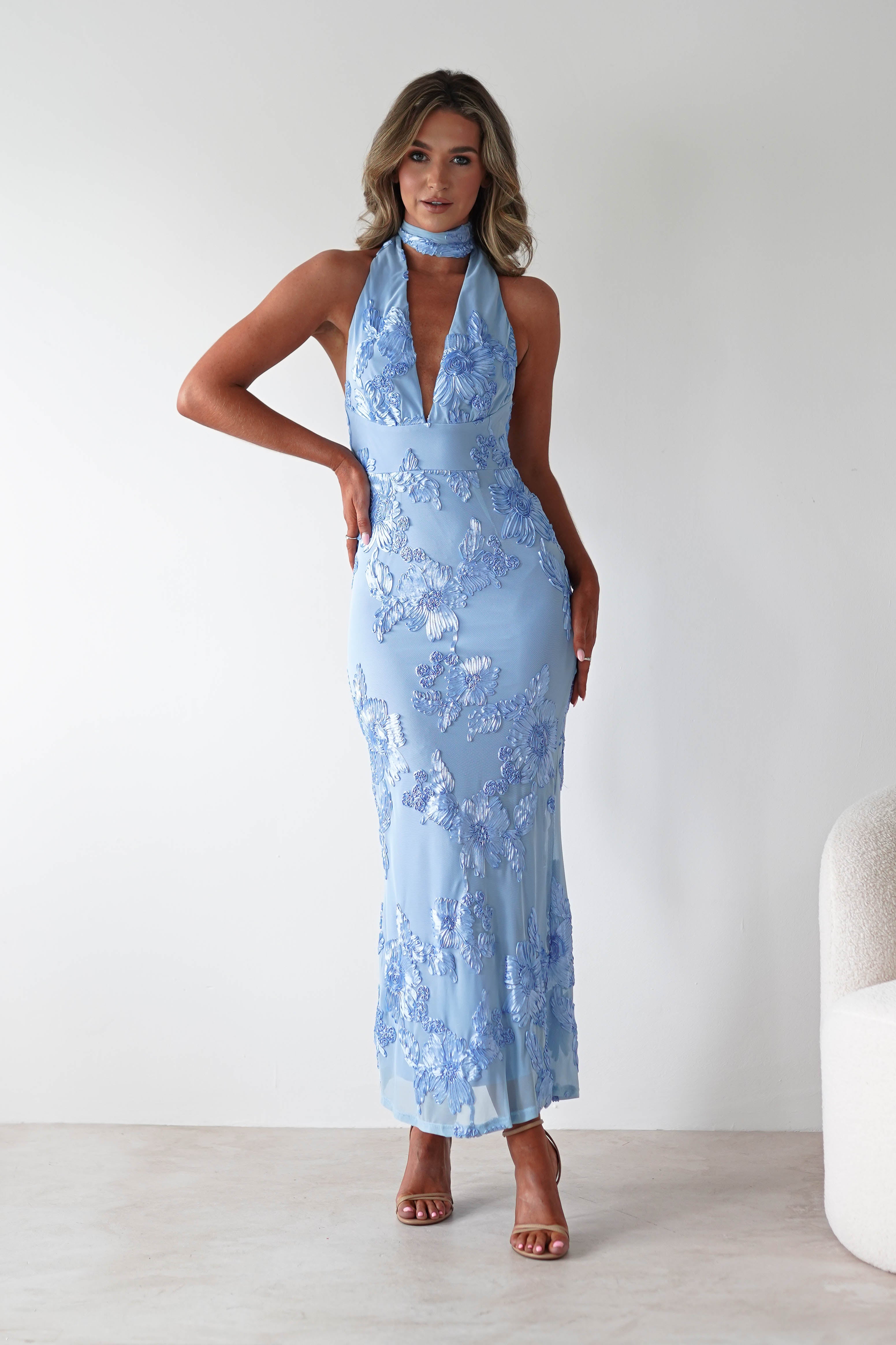 Halsey Tie Back Maxi Dress | Blue Textured | Oh Hello Clothing | XS (6)