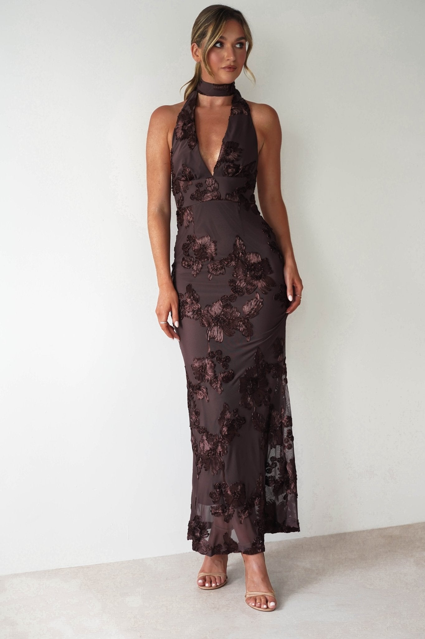 Halsey Tie Back Maxi Dress | Brown Textured | Oh Hello Clothing | XS (6)
