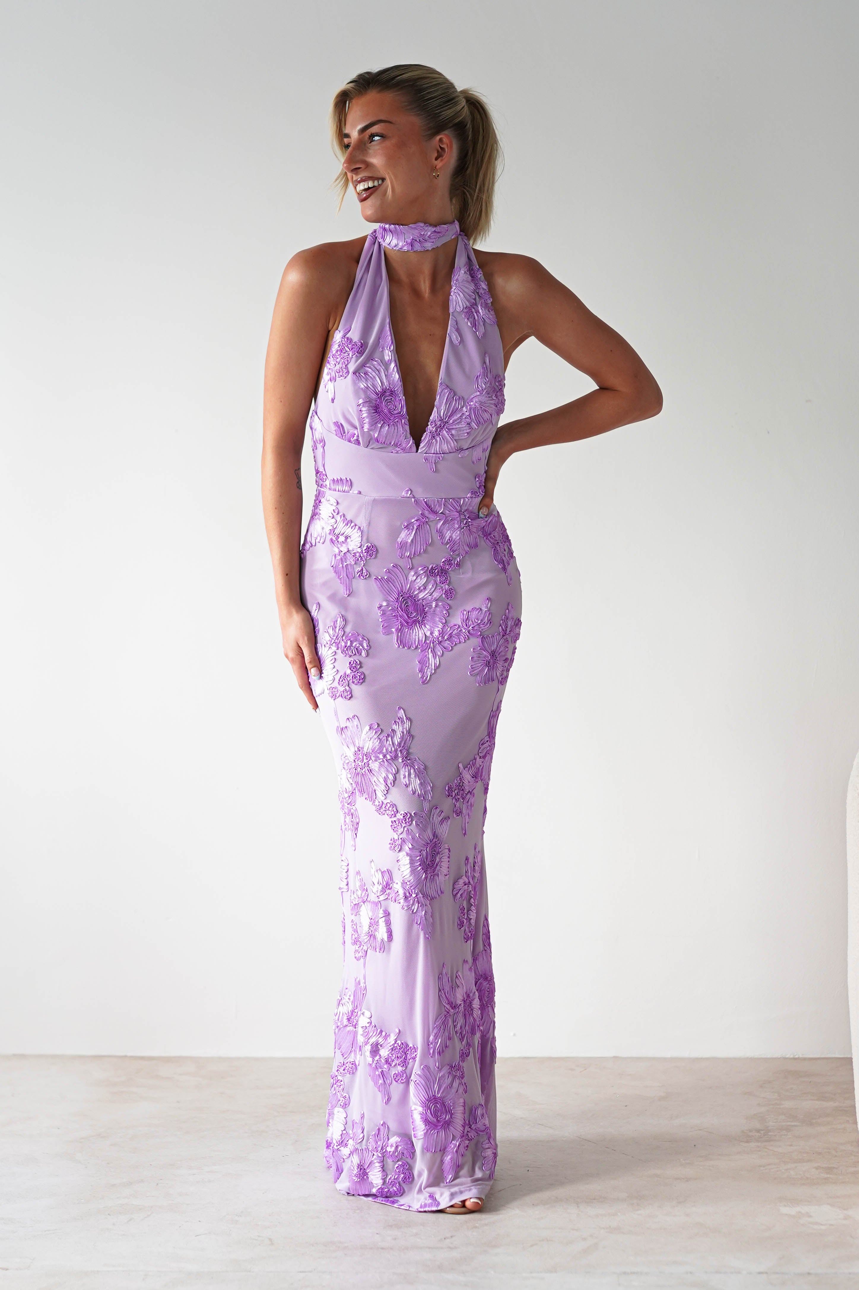 Halsey Tie Back Maxi Dress | Lilac Textured | Oh Hello Clothing | XS (6)
