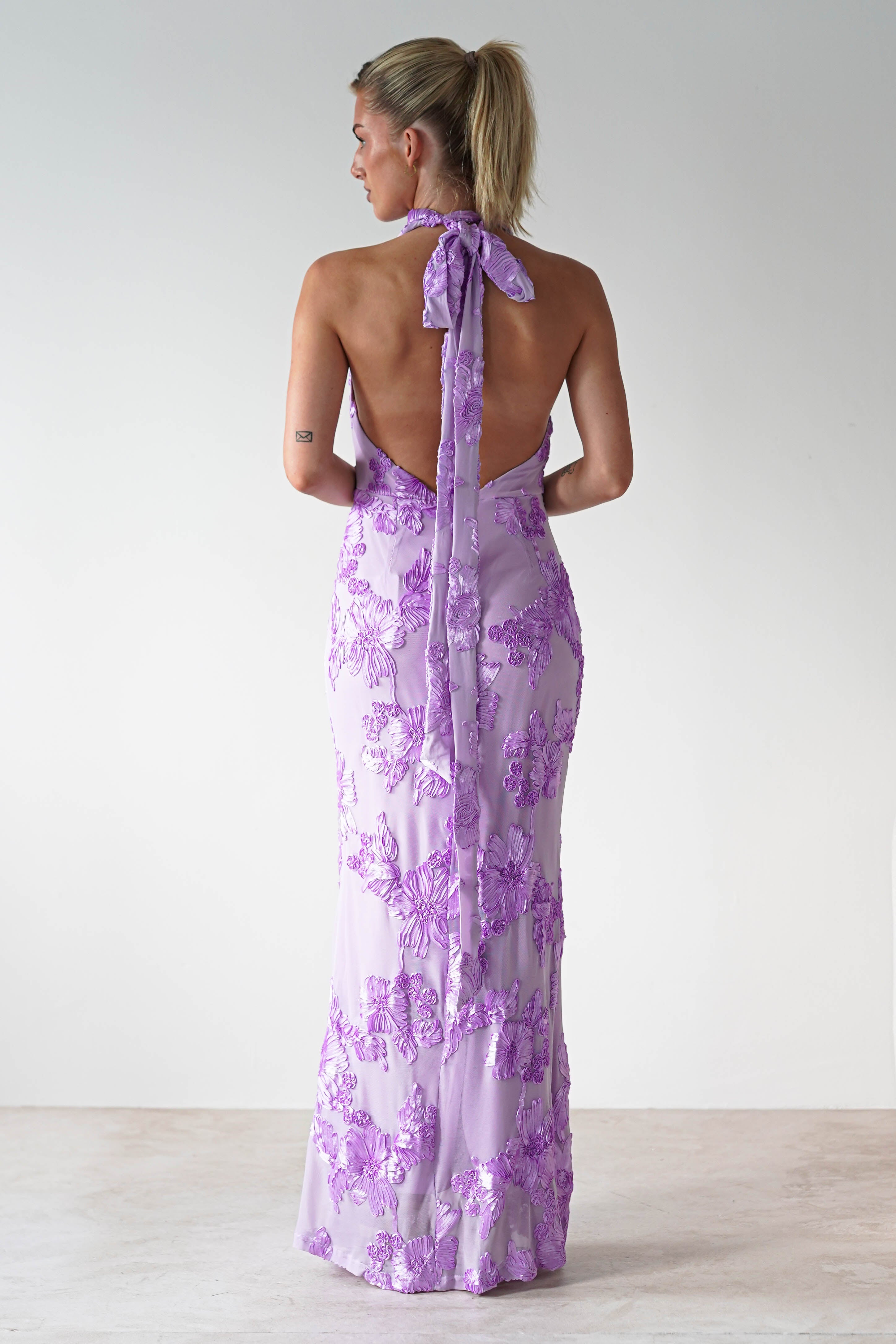 Halsey Tie Back Maxi Dress | Lilac Textured