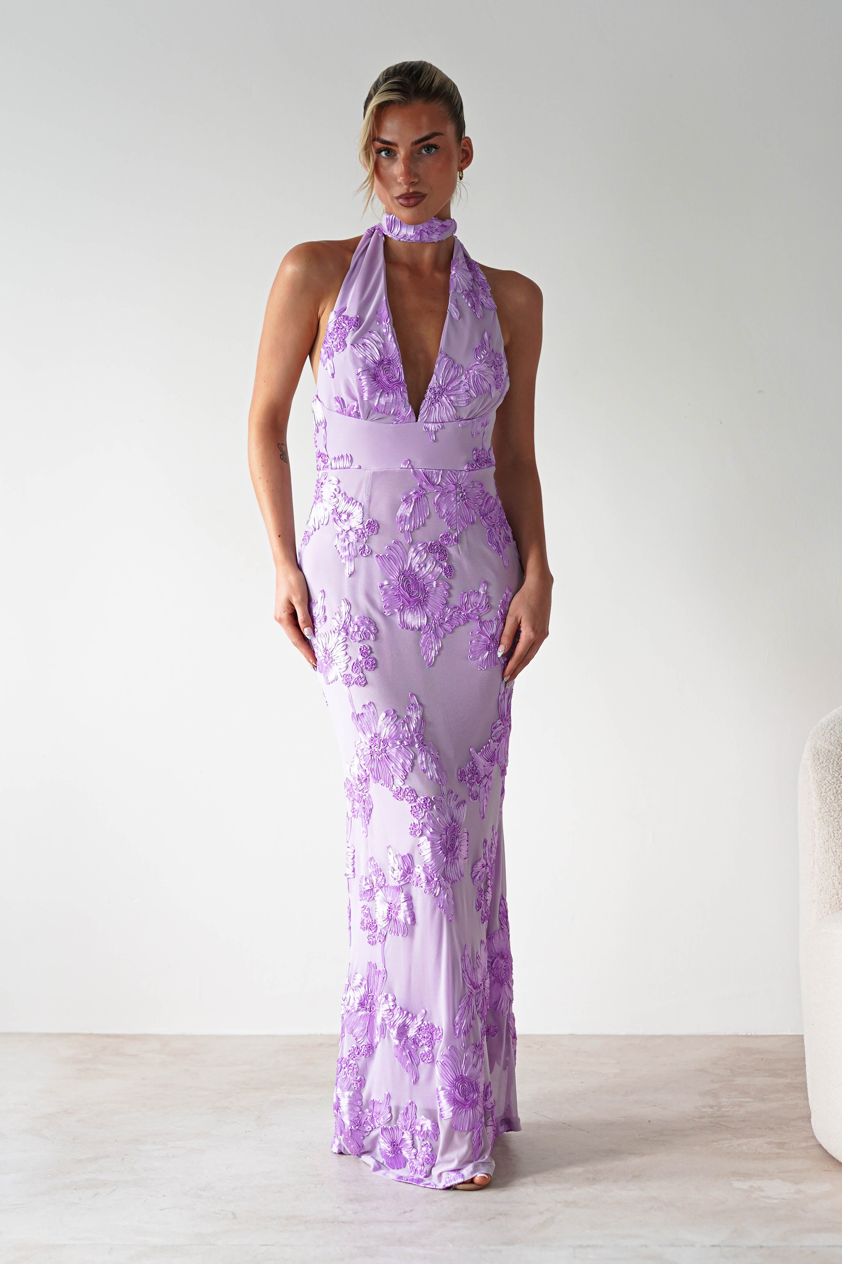 Halsey Tie Back Maxi Dress | Lilac Textured