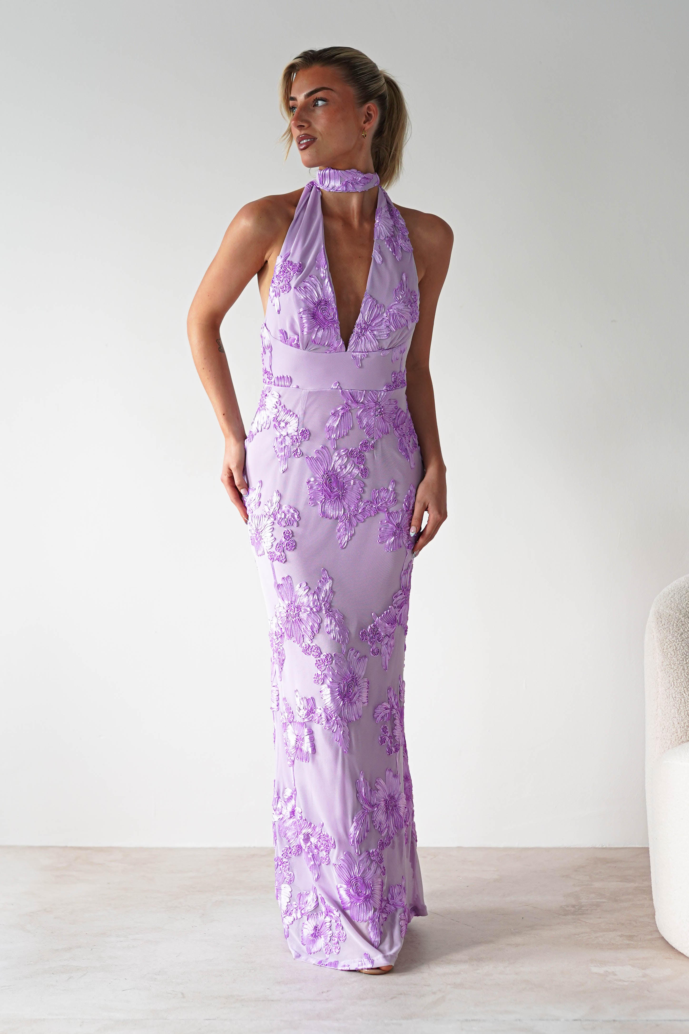 Halsey Tie Back Maxi Dress | Lilac Textured