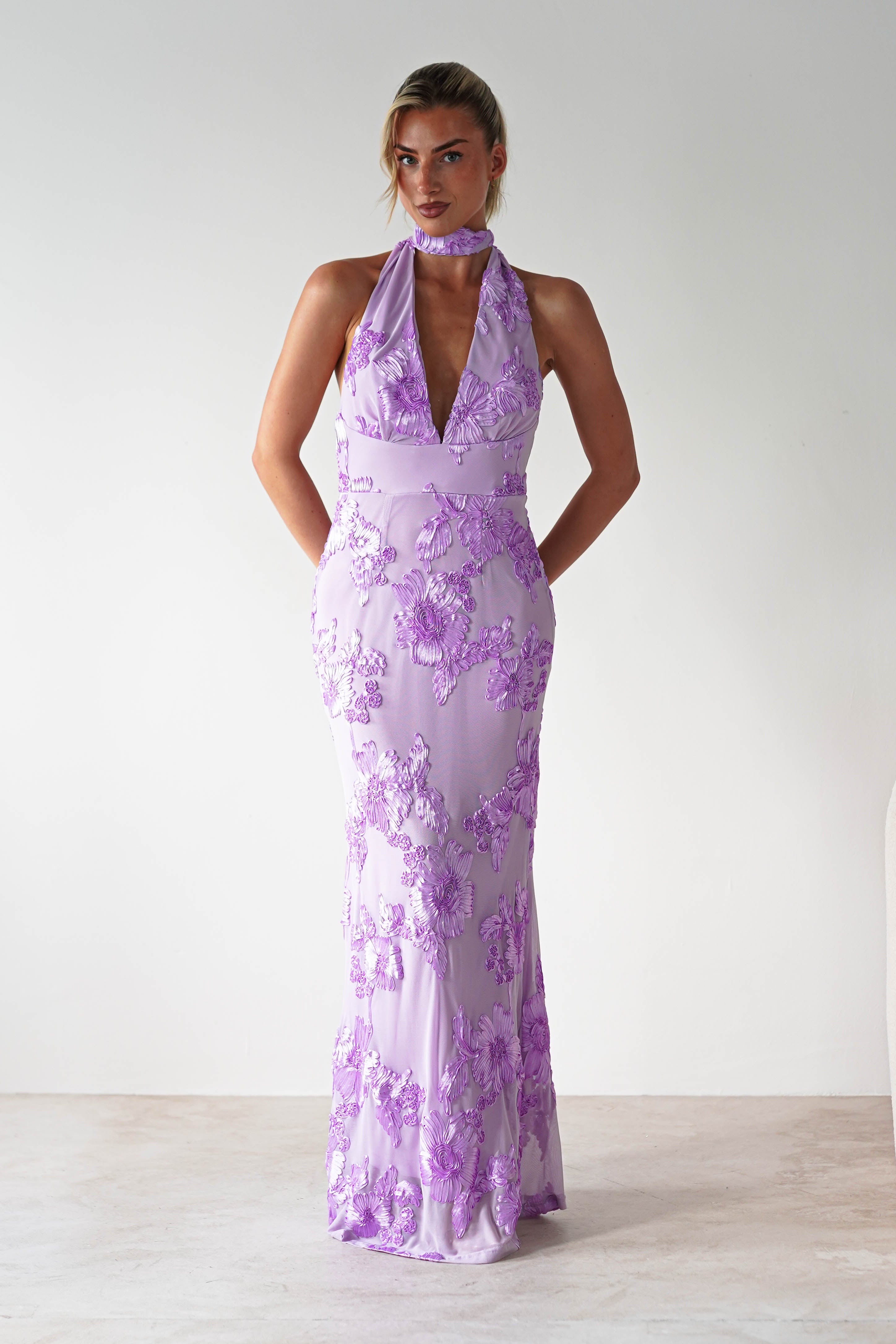 Halsey Tie Back Maxi Dress | Lilac Textured