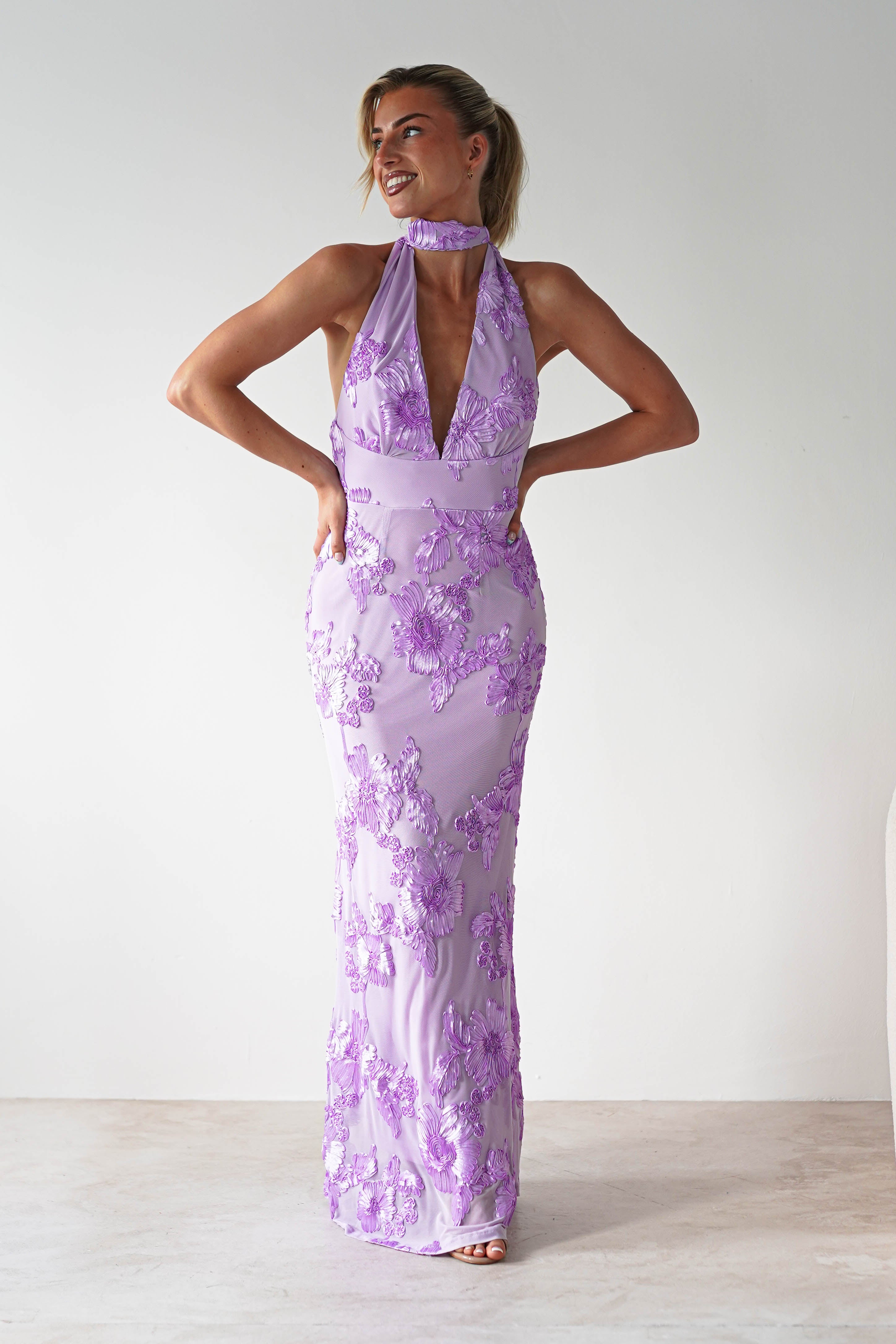 Halsey Tie Back Maxi Dress | Lilac Textured