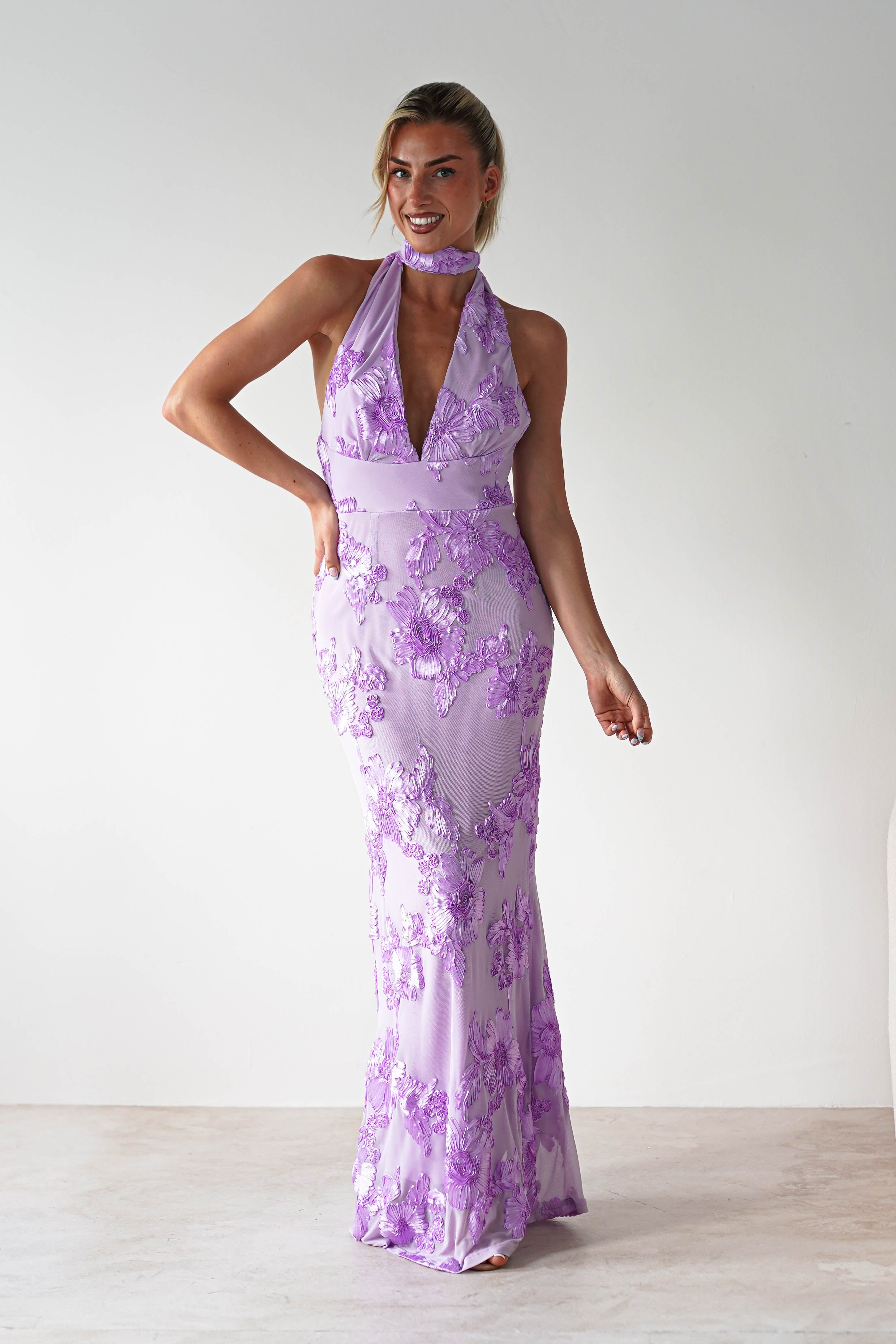 Halsey Tie Back Maxi Dress | Lilac Textured