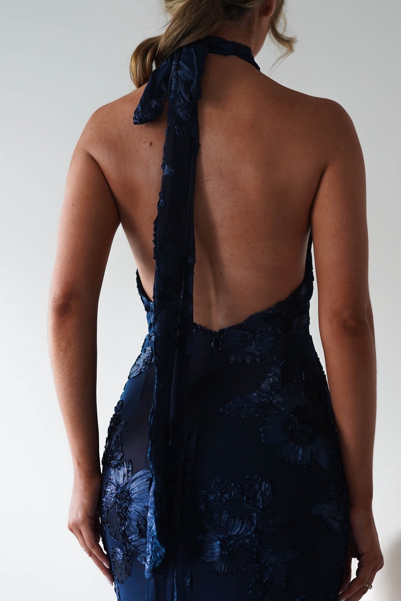 Halsey Tie Back Maxi Dress | Navy Textured | Oh Hello Clothing | XS (6)