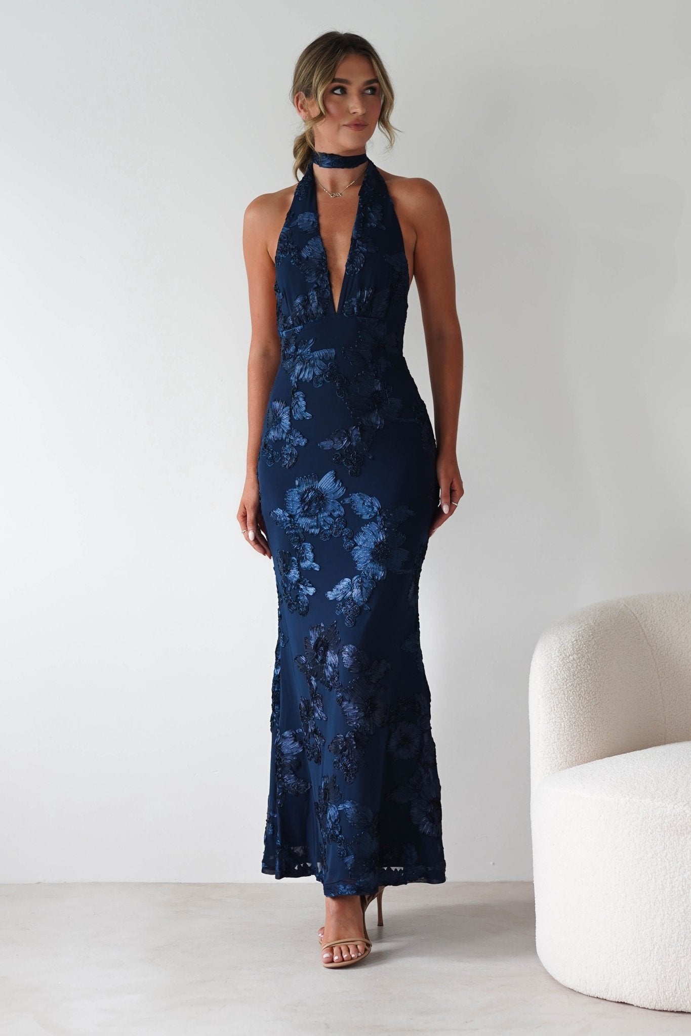 Halsey Tie Back Maxi Dress | Navy Textured | Oh Hello Clothing | XS (6)
