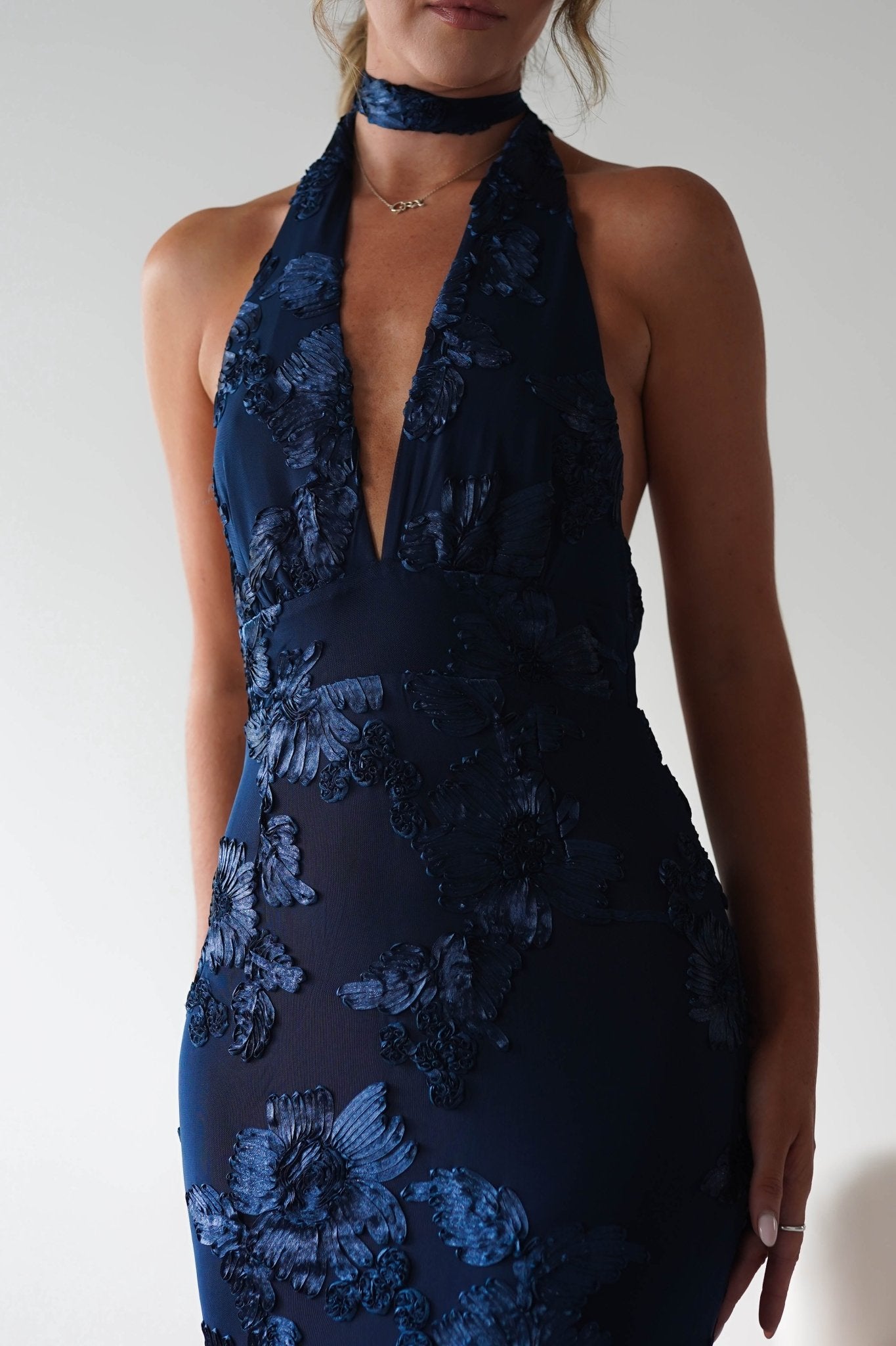 Halsey Tie Back Maxi Dress | Navy Textured | Oh Hello Clothing | XS (6)
