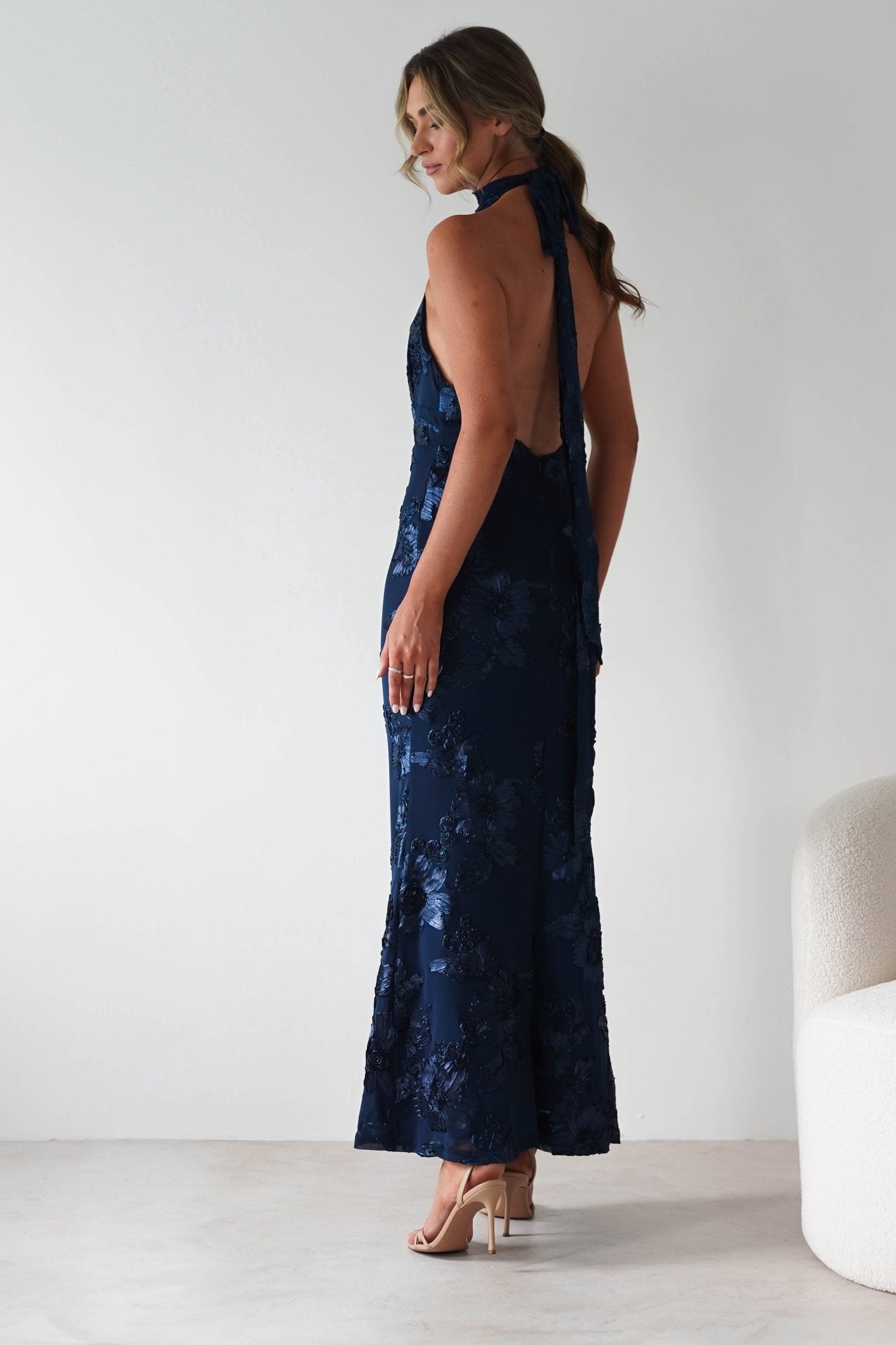 Halsey Tie Back Maxi Dress | Navy Textured | Oh Hello Clothing | XS (6)