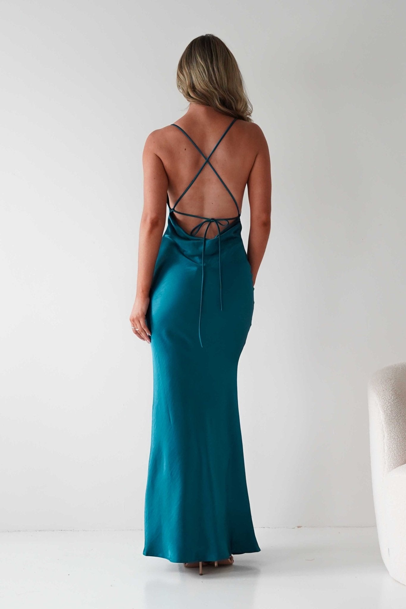 Helga Soft Satin Drape Maxi Dress | Teal | Oh Hello Clothing | S (8)