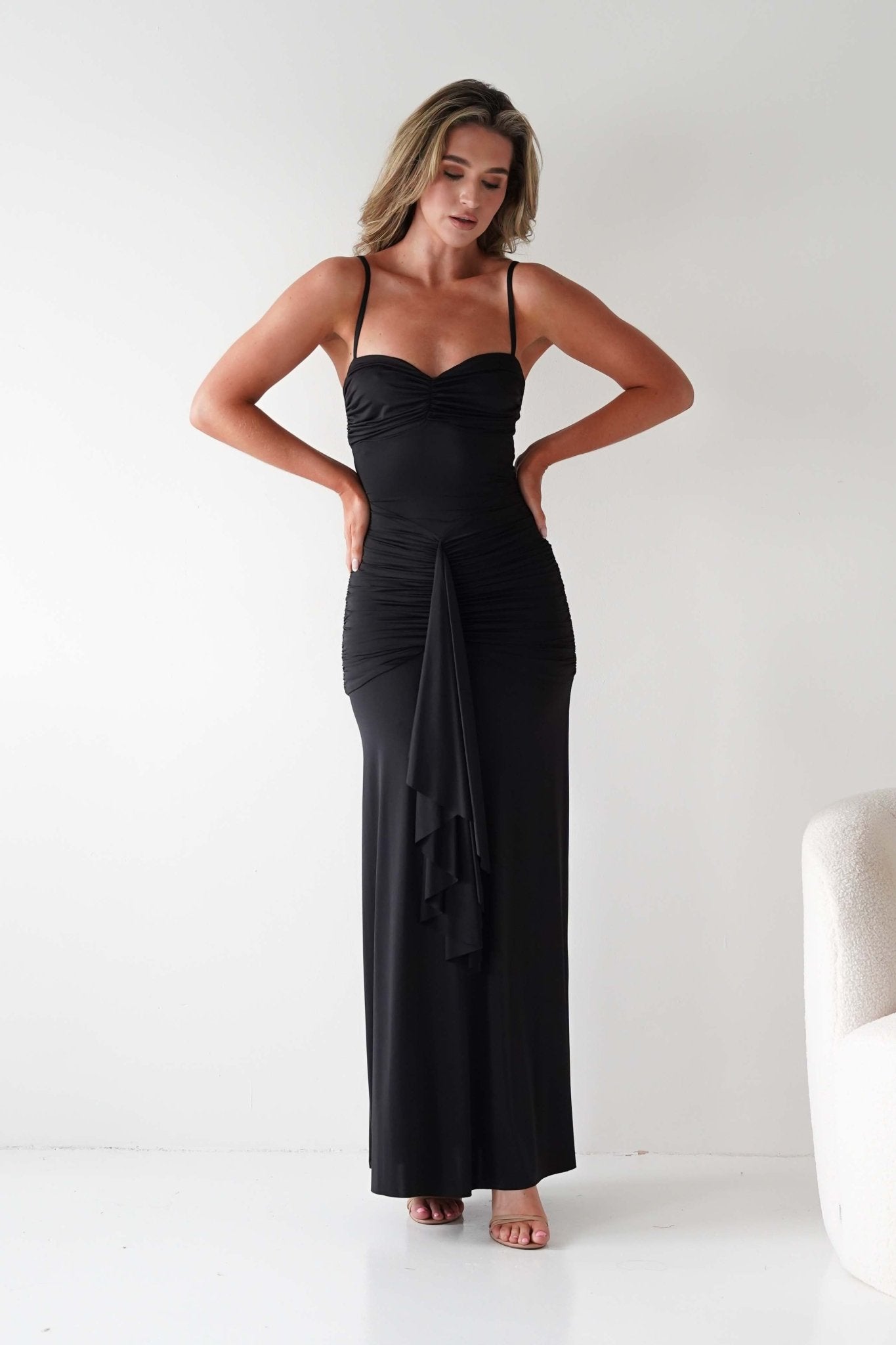 Hera Bodycon Ruffle Maxi Gown Dress | Black | Oh Hello Clothing | S (8)