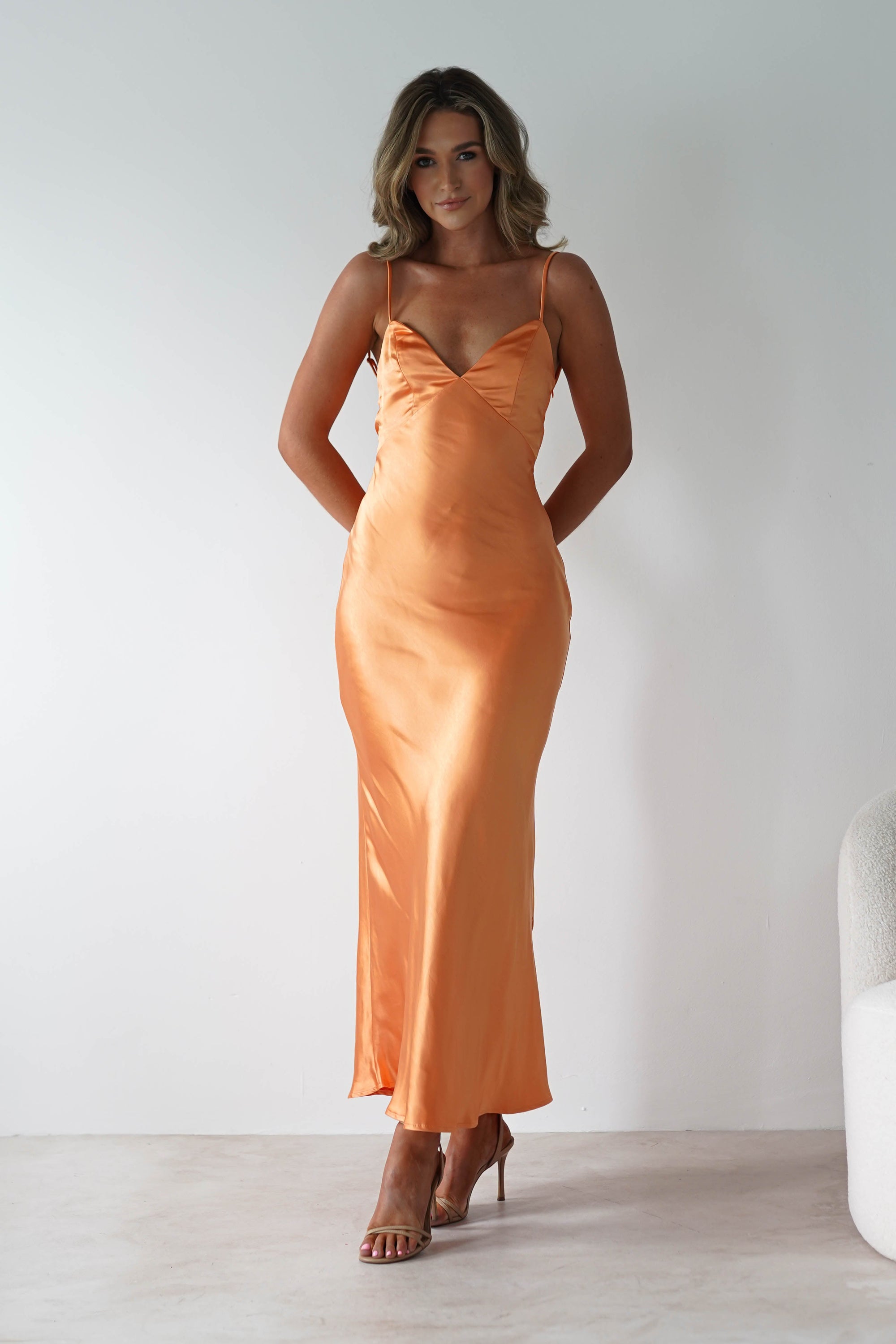 Hermie Silky Satin Maxi Dress | Orange | Oh Hello Clothing | XS (6)
