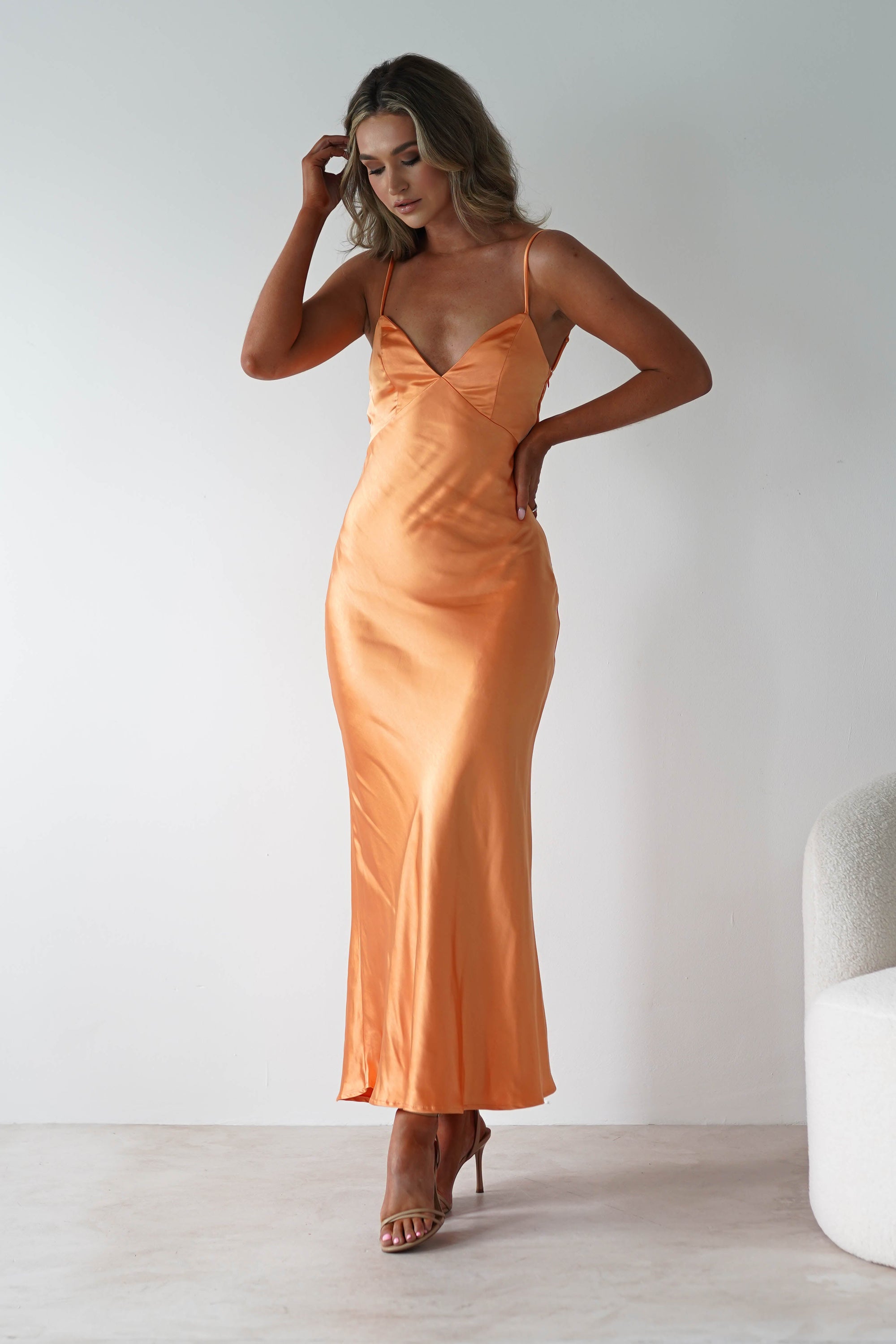 Hermie Silky Satin Maxi Dress | Orange | Oh Hello Clothing | XS (6)