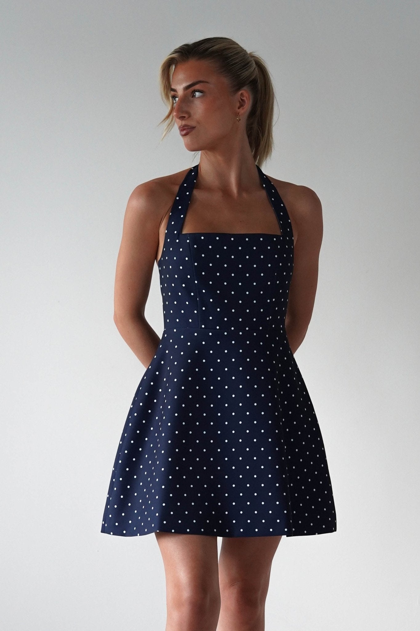 Isobel Polka Dot Halterneck Mini Dress | Navy | Oh Hello Clothing | XS (6)
