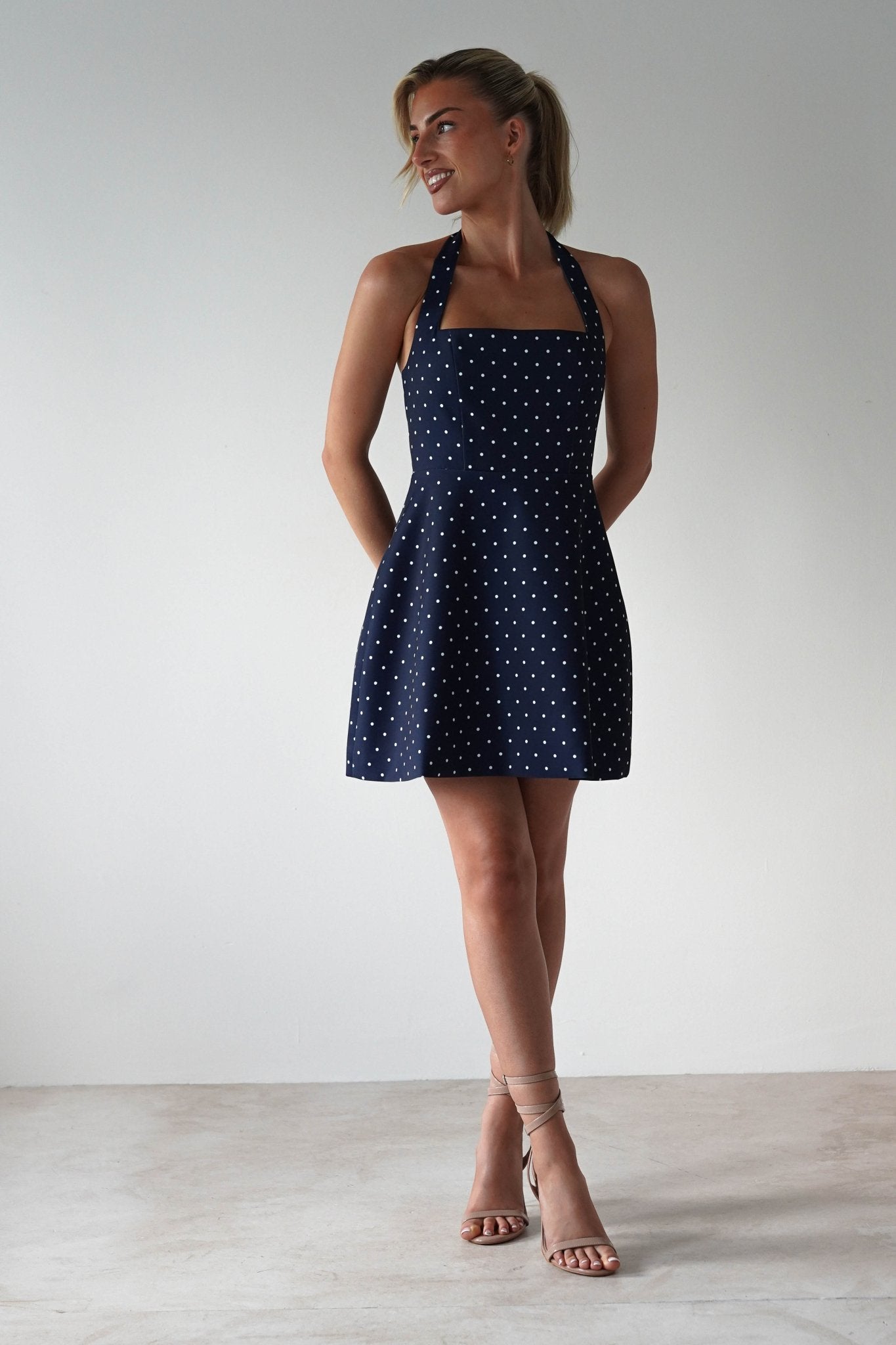 Isobel Polka Dot Halterneck Mini Dress | Navy | Oh Hello Clothing | XS (6)
