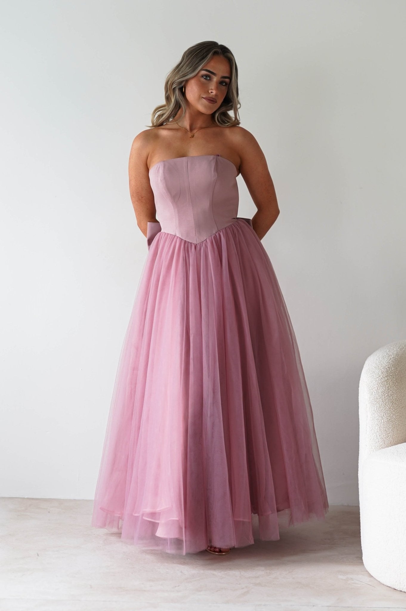 Jasalina Tulle Gown With Bow | Blush Pink | Oh Hello Clothing | XS (6)