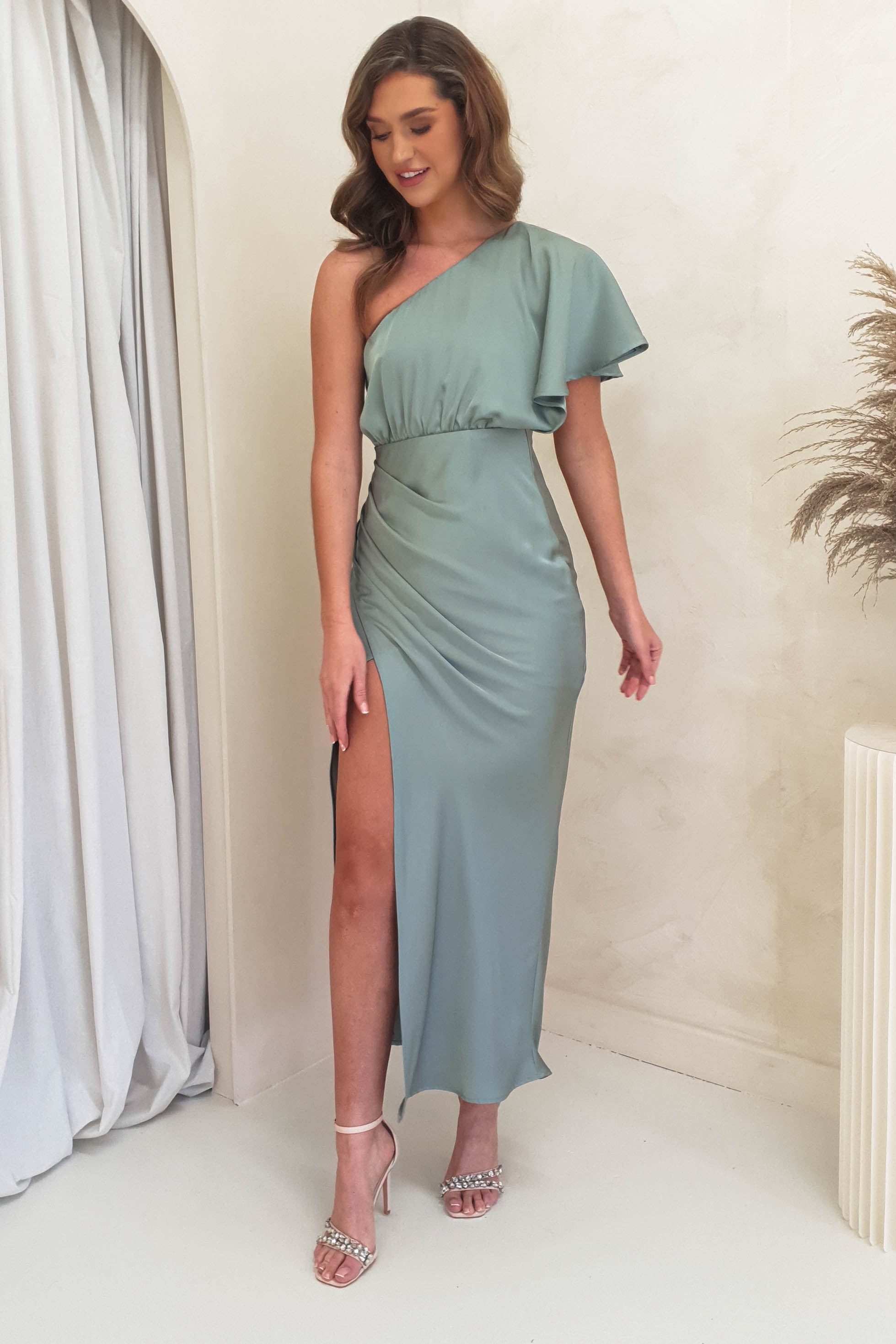 Jenna Soft Satin One Shoulder Maxi | Olive | Oh Hello Clothing | XS (6)