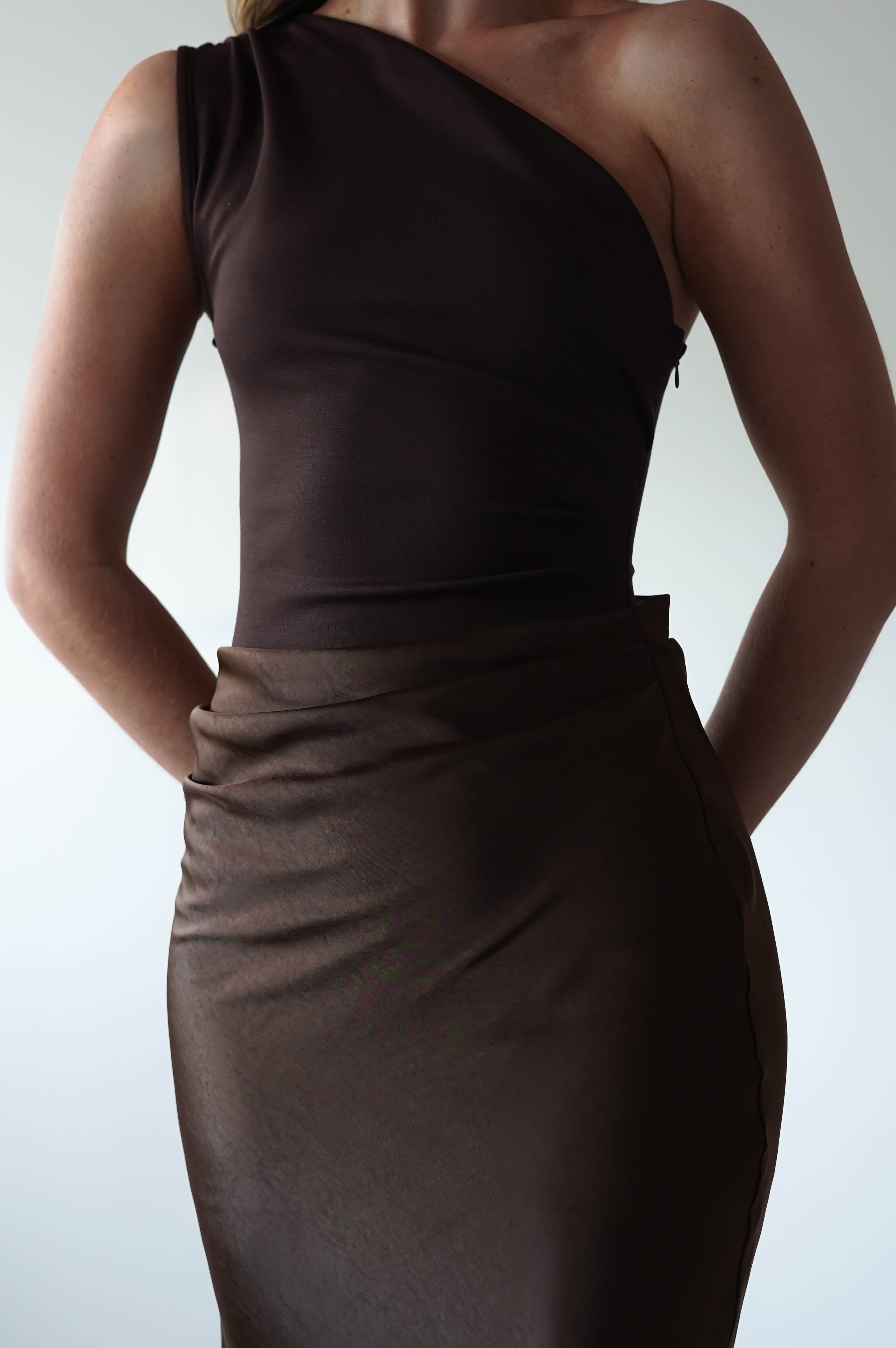 Kashia Draped Satin Maxi Dress | Brown | Oh Hello Clothing | XS (6)