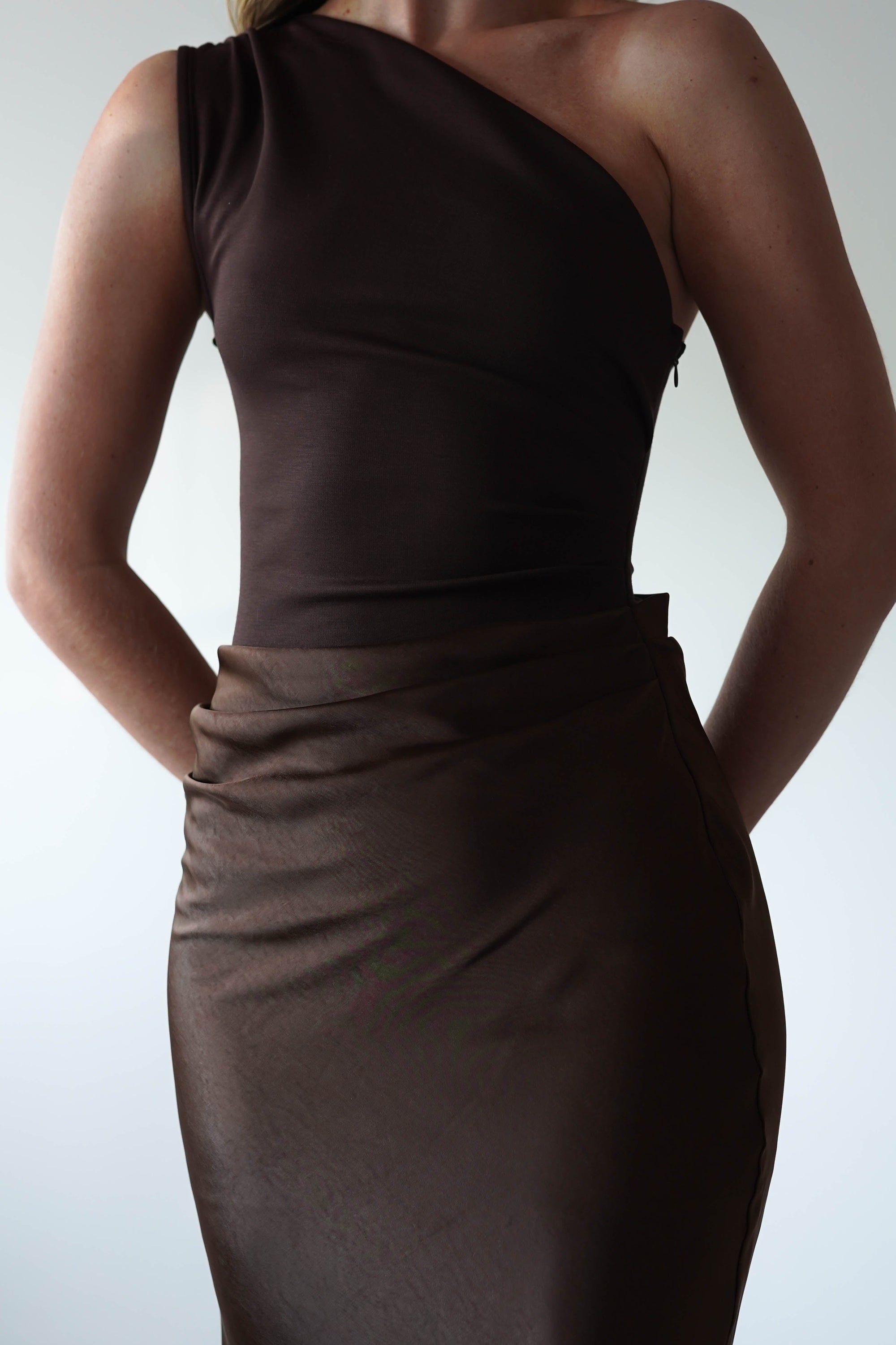 Kashia Draped Satin Maxi Dress | Brown | Oh Hello Clothing | XS (6)