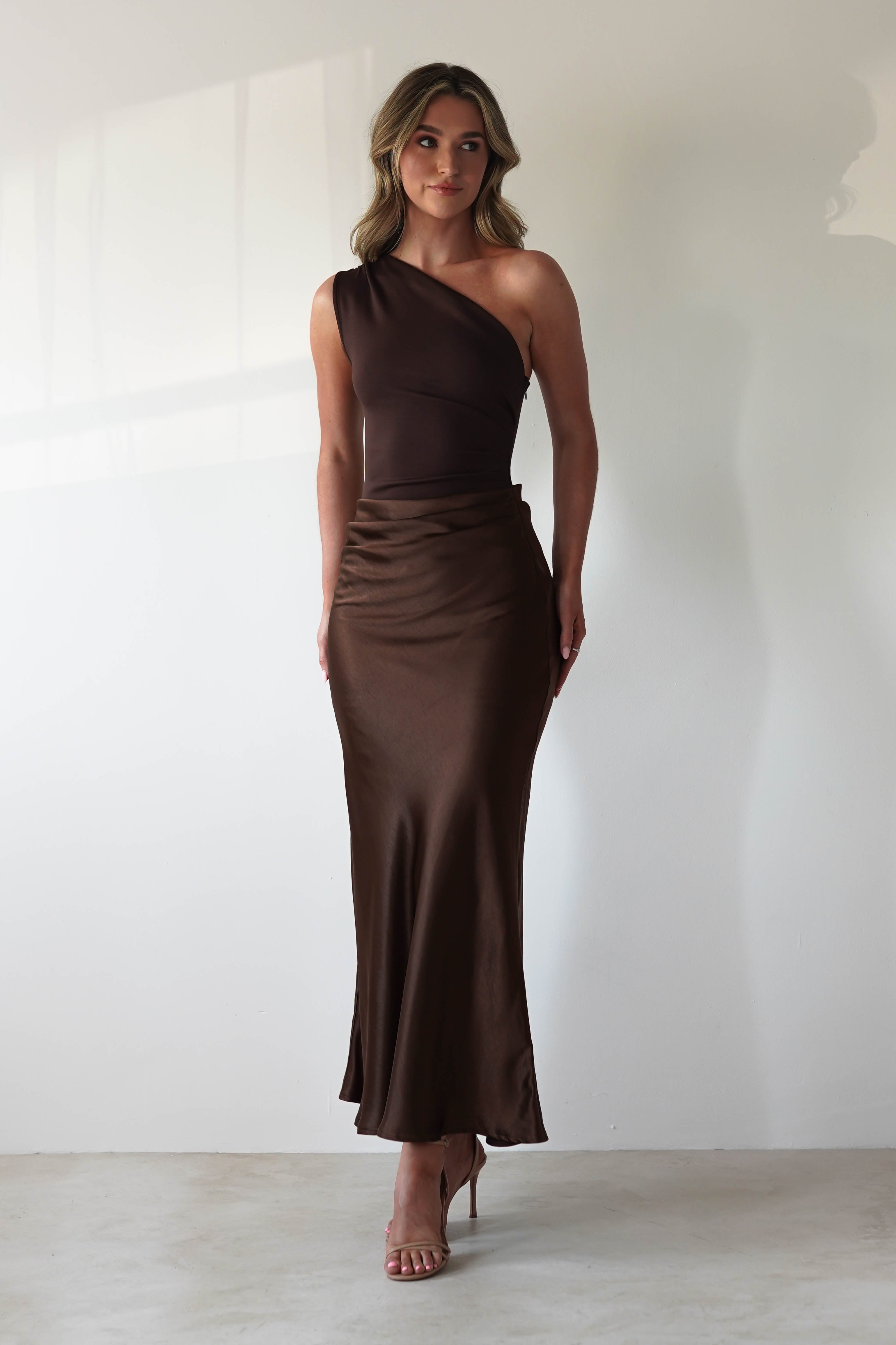 Kashia Draped Satin Maxi Dress | Brown | Oh Hello Clothing | XS (6)