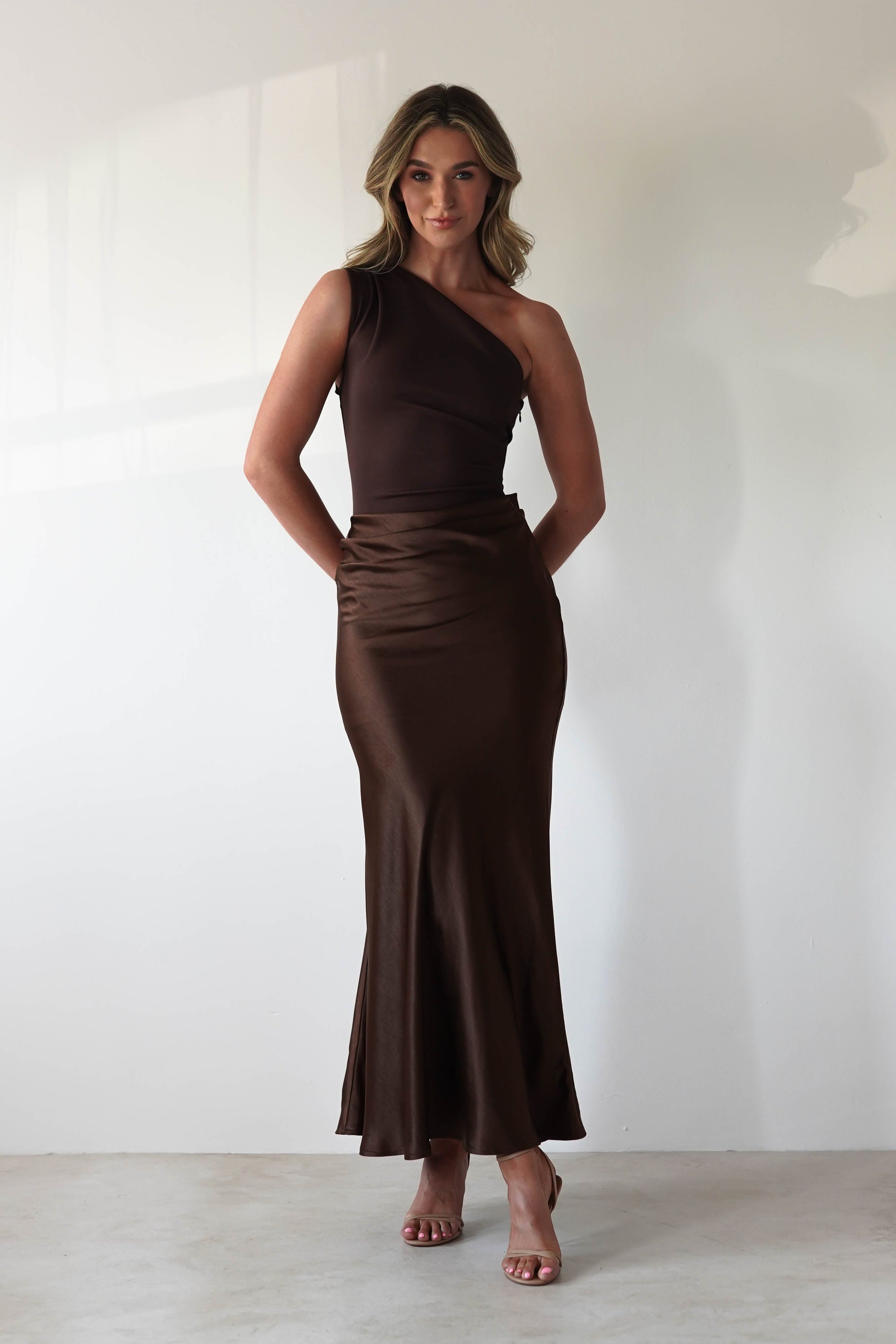 Kashia Draped Satin Maxi Dress | Brown | Oh Hello Clothing | XS (6)