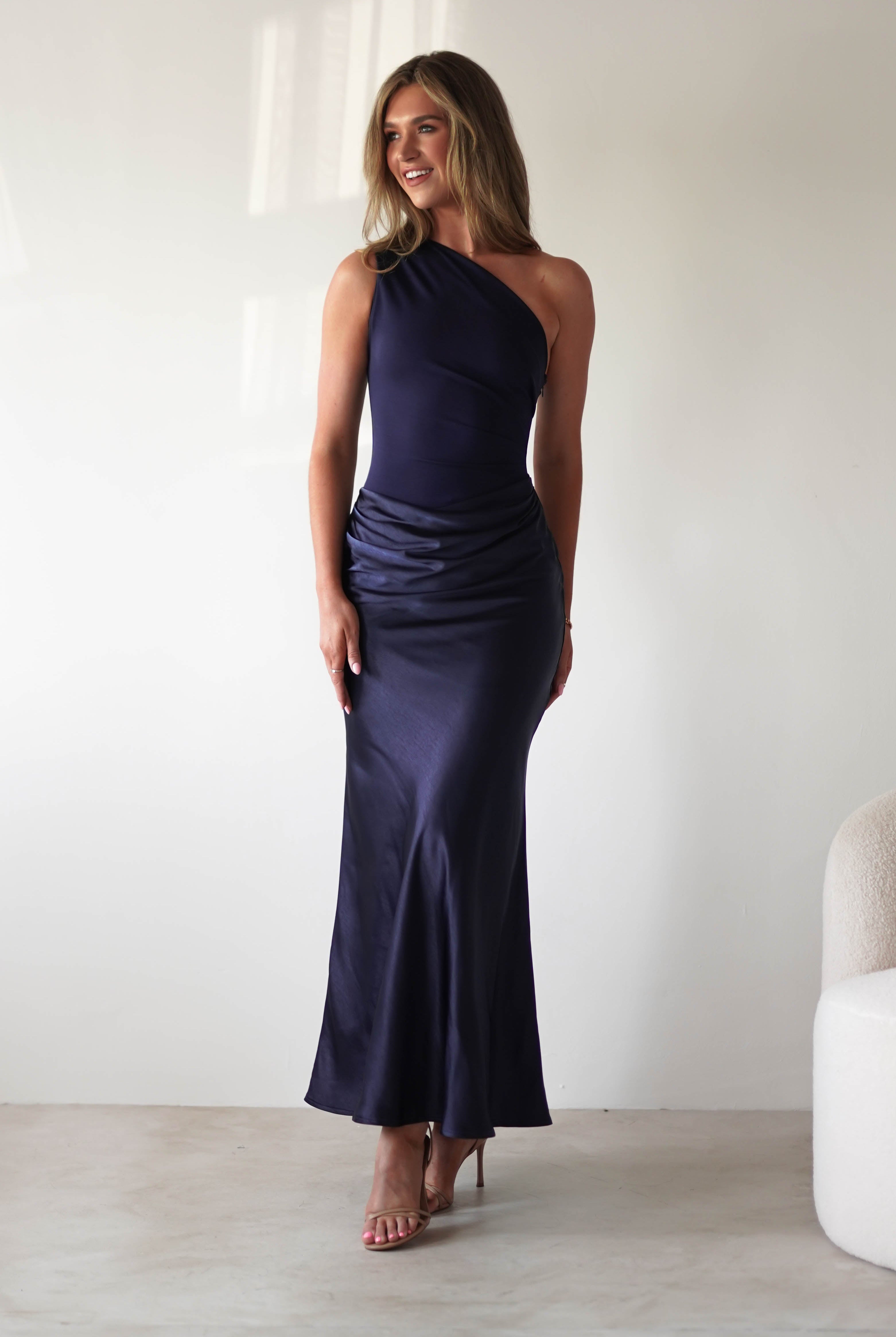 Kashia Draped Satin Maxi Dress | Navy | Oh Hello Clothing | XS (6)