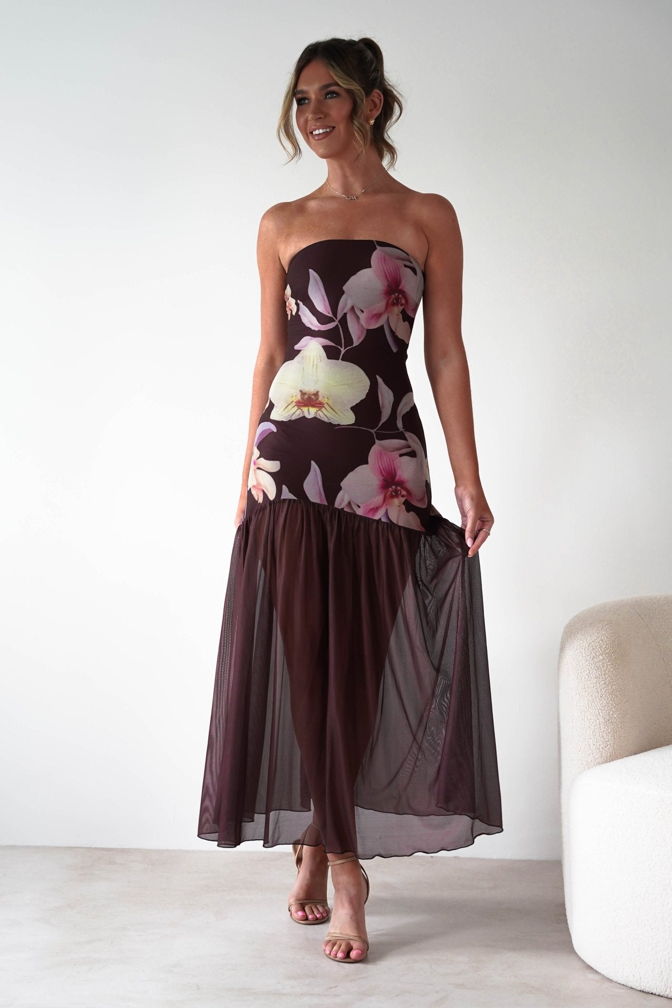 Khalani Strapless Midaxi Dress | Brown Floral | Oh Hello Clothing | XS (6)