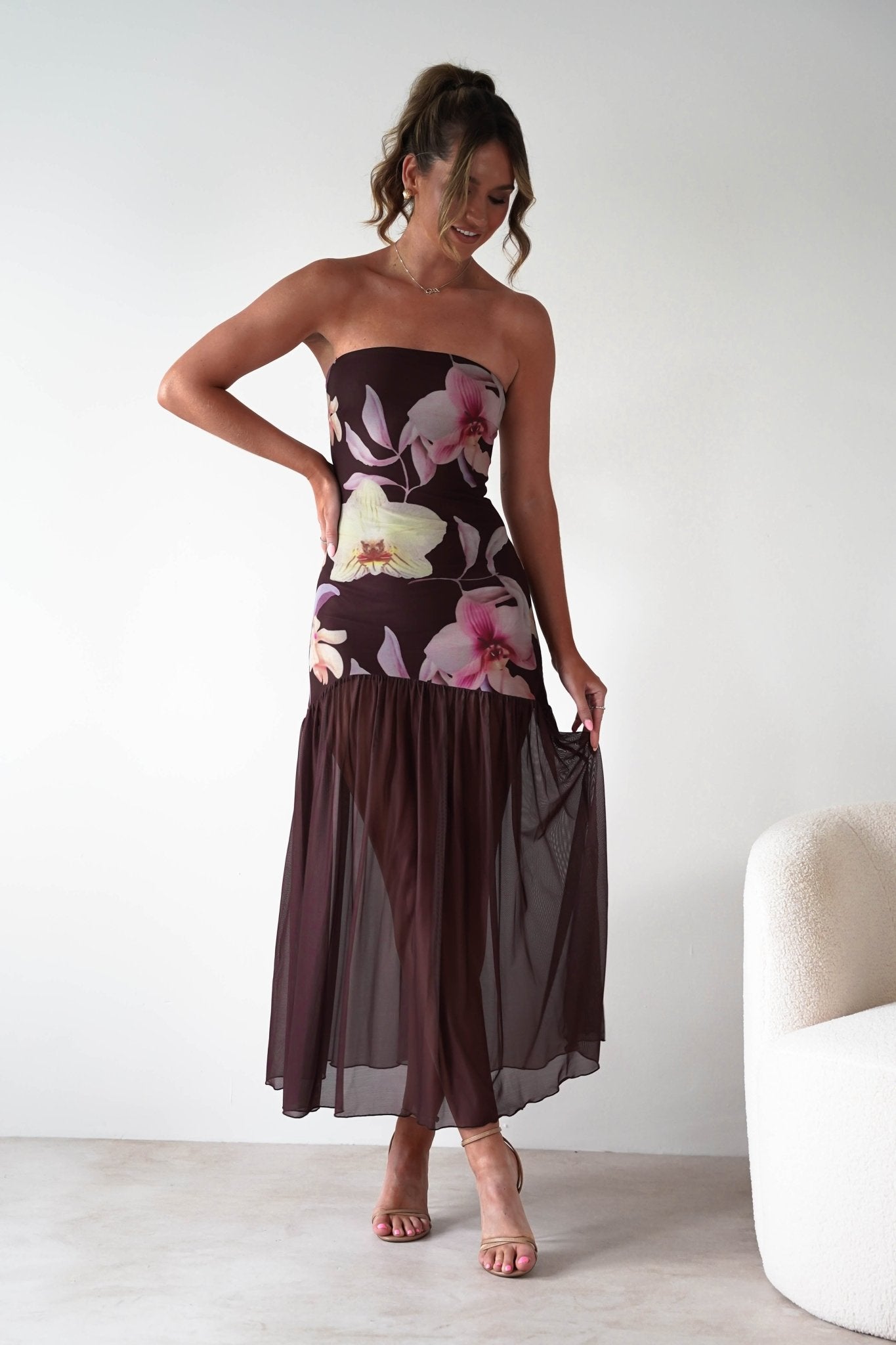 Khalani Strapless Midaxi Dress | Brown Floral | Oh Hello Clothing | XS (6)