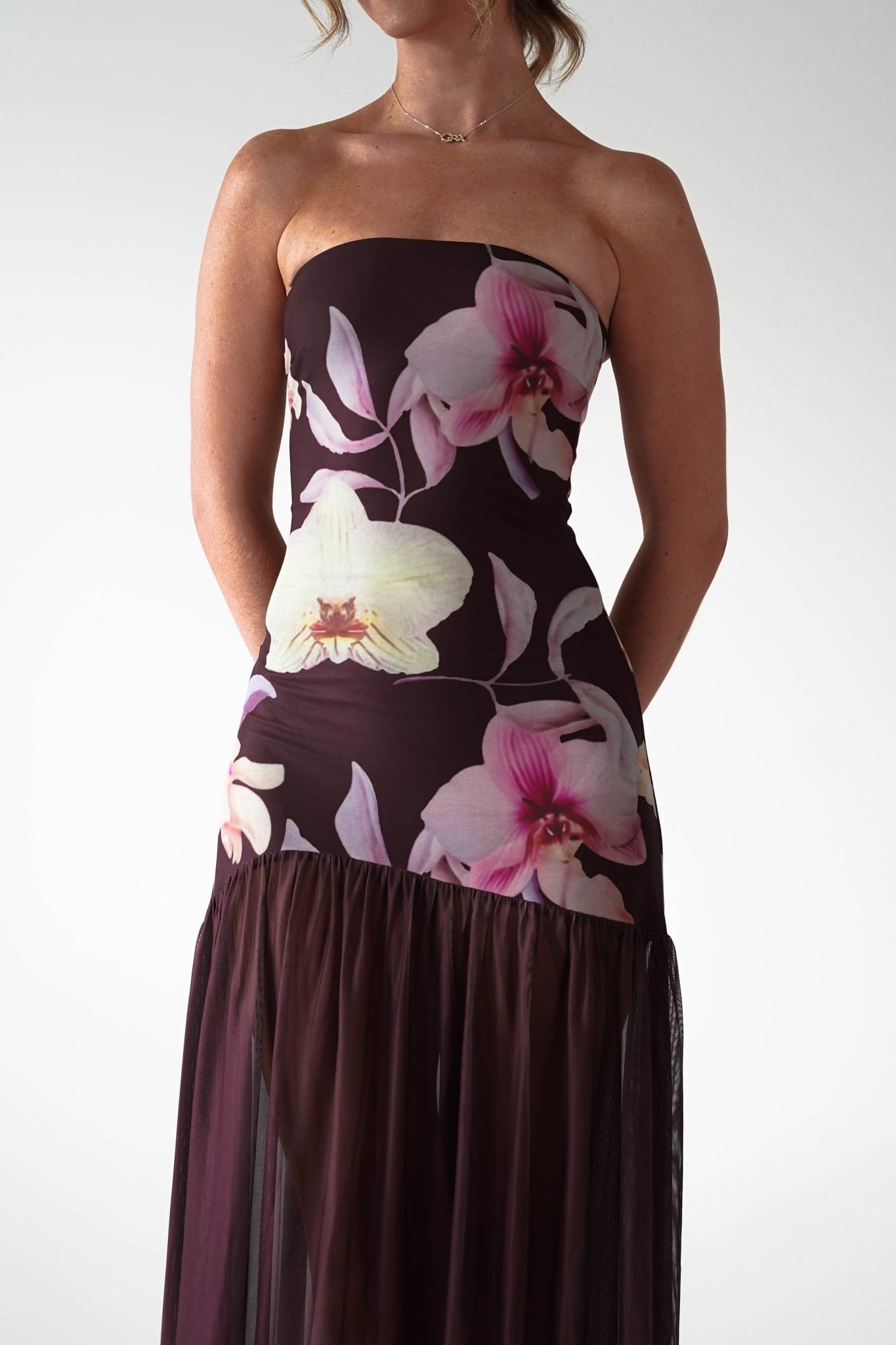Khalani Strapless Midaxi Dress | Brown Floral | Oh Hello Clothing | XS (6)