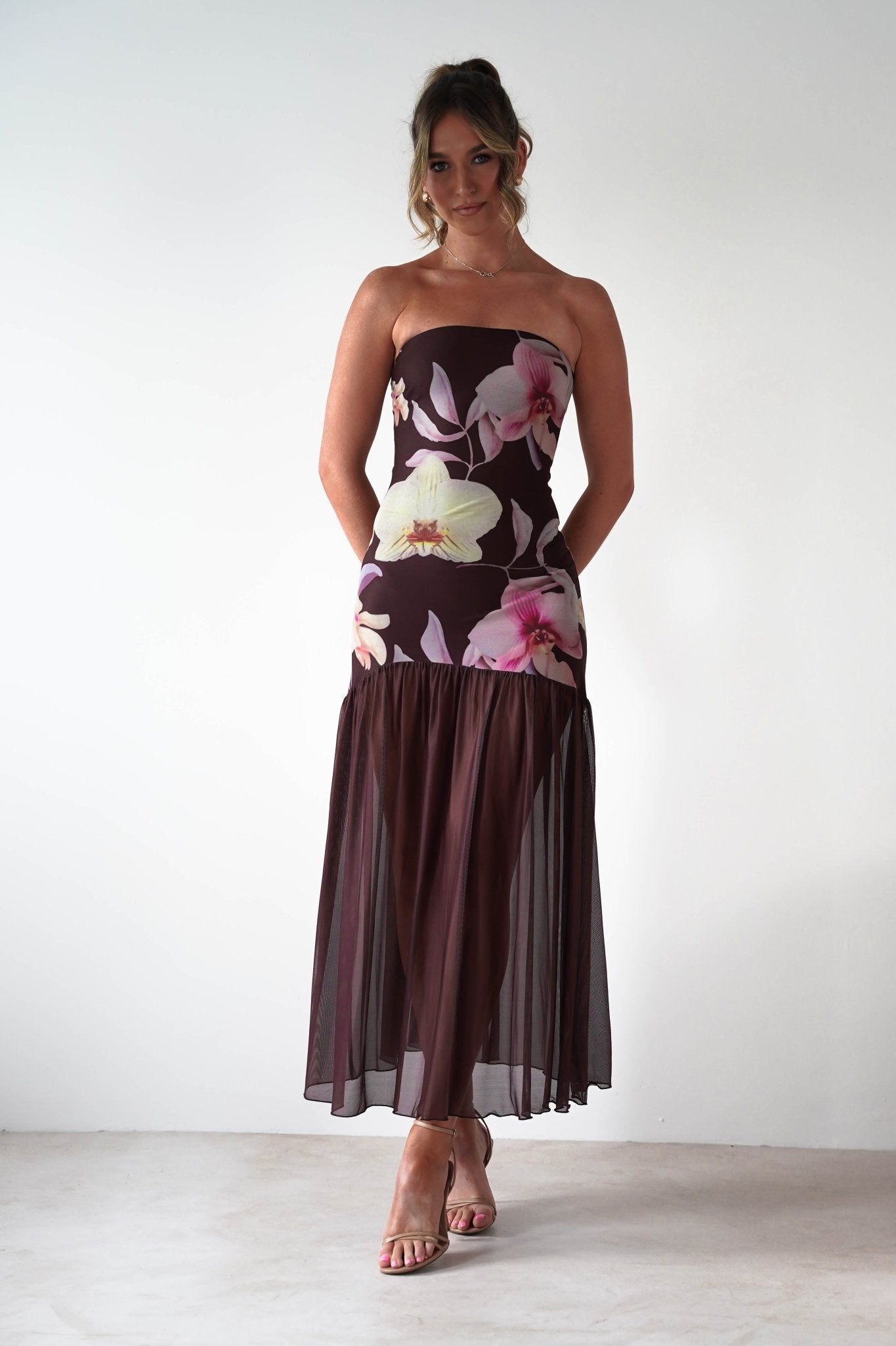 Khalani Strapless Midaxi Dress | Brown Floral | Oh Hello Clothing | XS (6)
