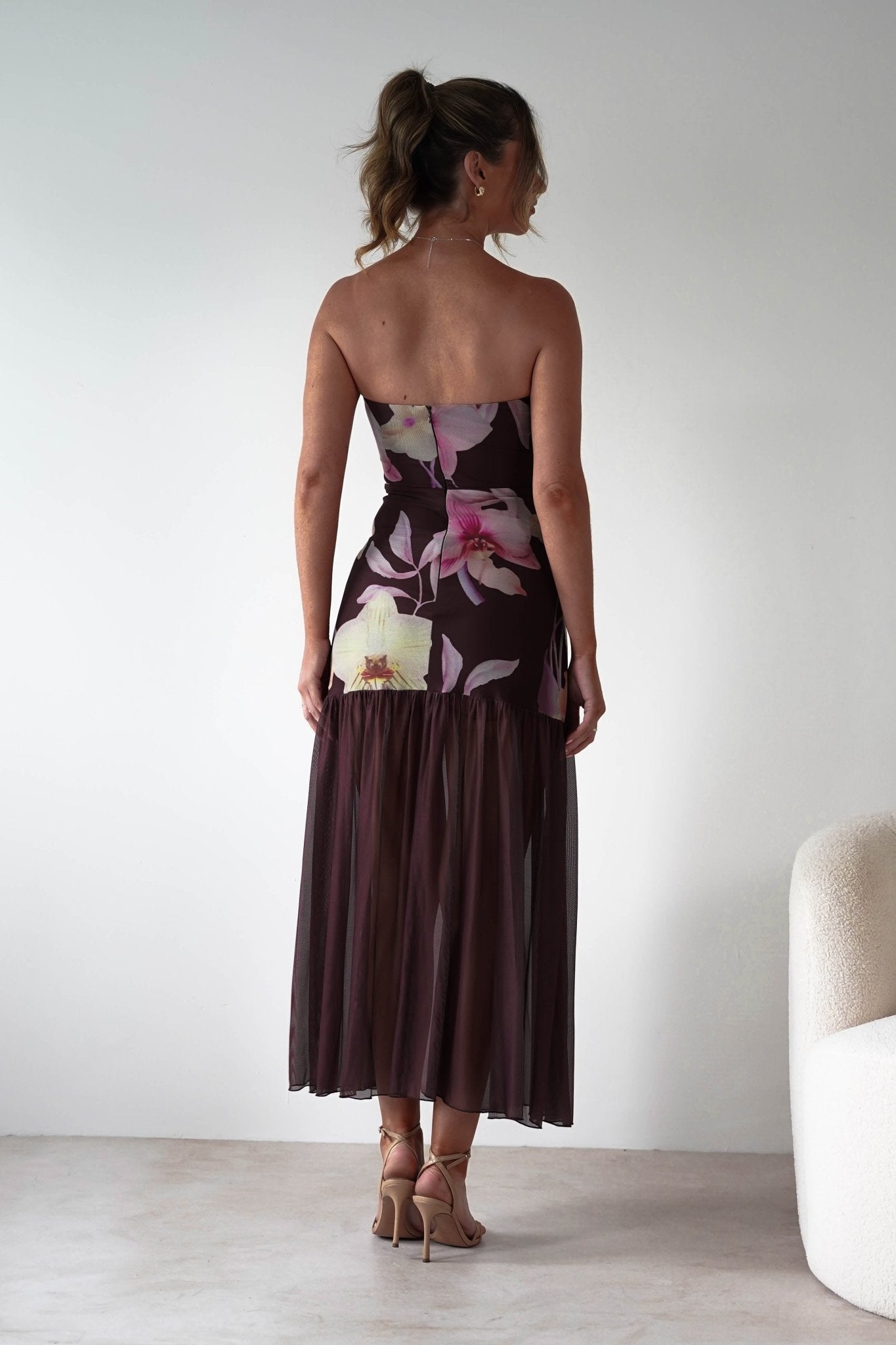 Khalani Strapless Midaxi Dress | Brown Floral | Oh Hello Clothing | XS (6)