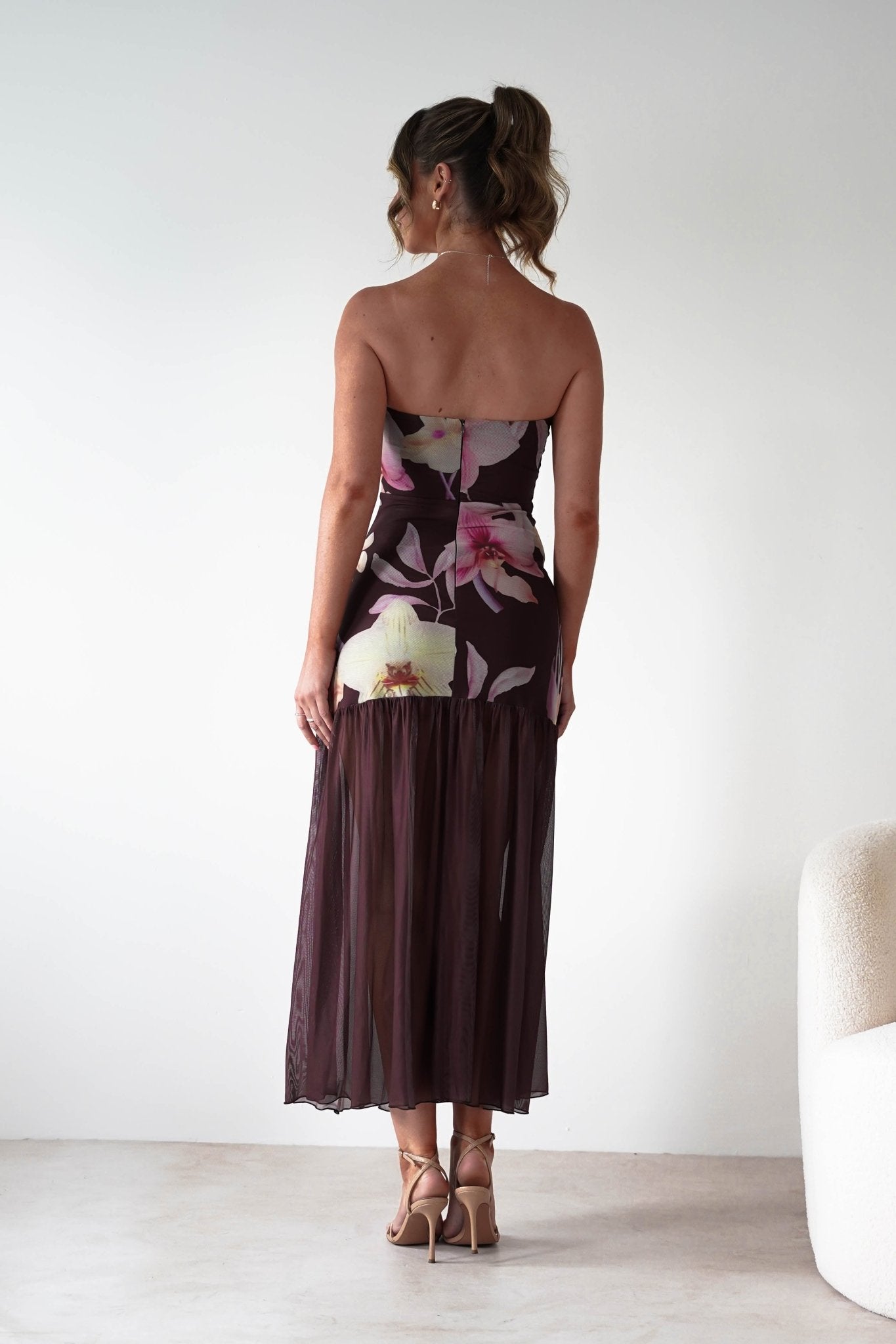 Khalani Strapless Midaxi Dress | Brown Floral | Oh Hello Clothing | XS (6)