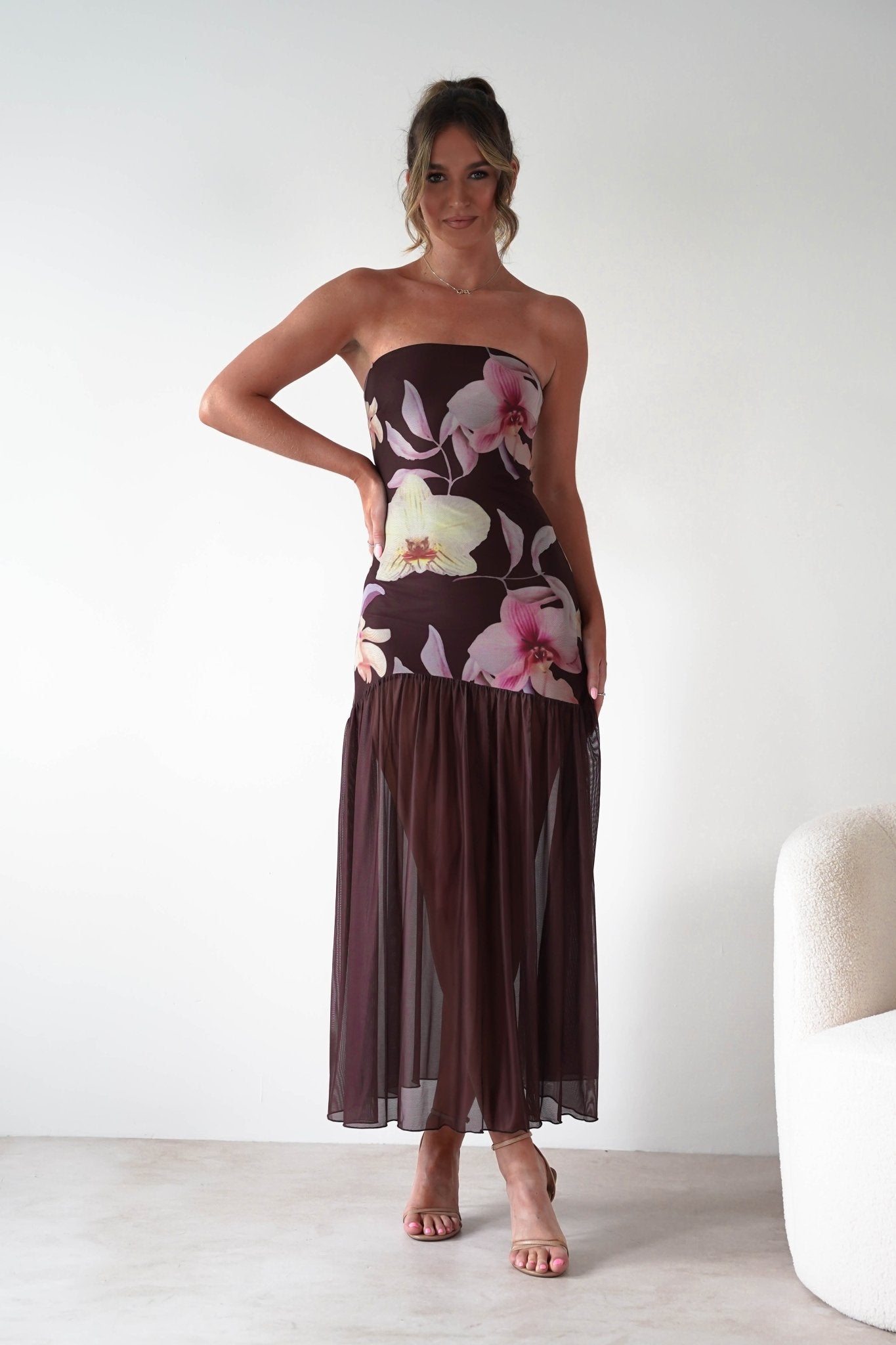 Khalani Strapless Midaxi Dress | Brown Floral | Oh Hello Clothing | XS (6)