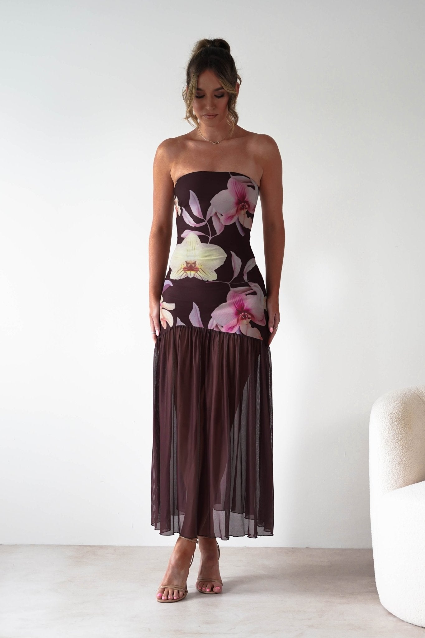 Khalani Strapless Midaxi Dress | Brown Floral | Oh Hello Clothing | XS (6)