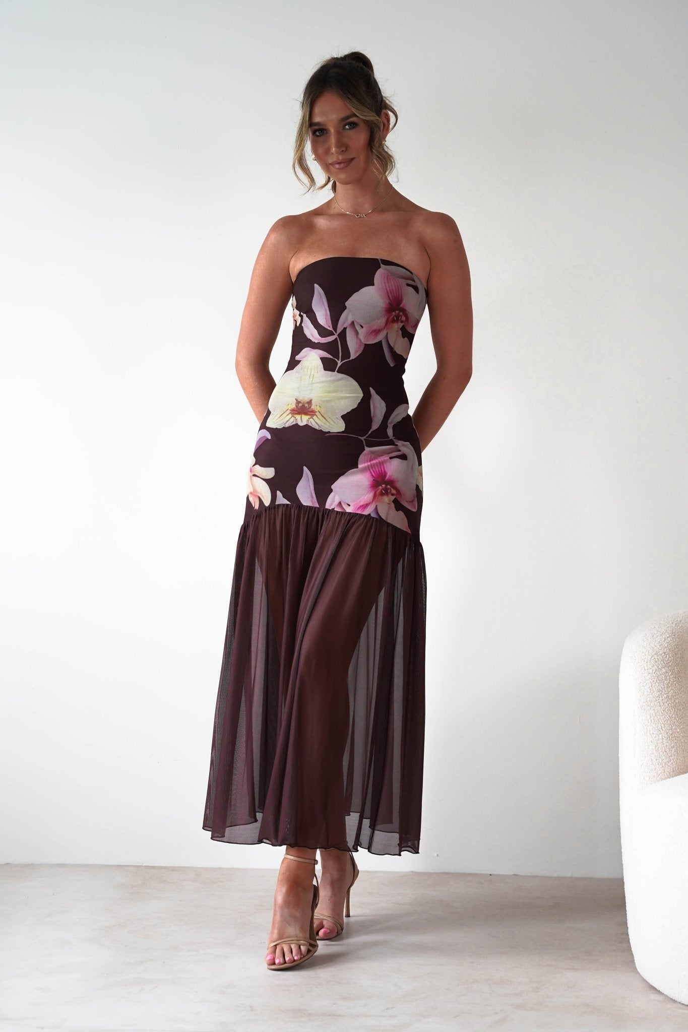Khalani Strapless Midaxi Dress | Brown Floral | Oh Hello Clothing | XS (6)
