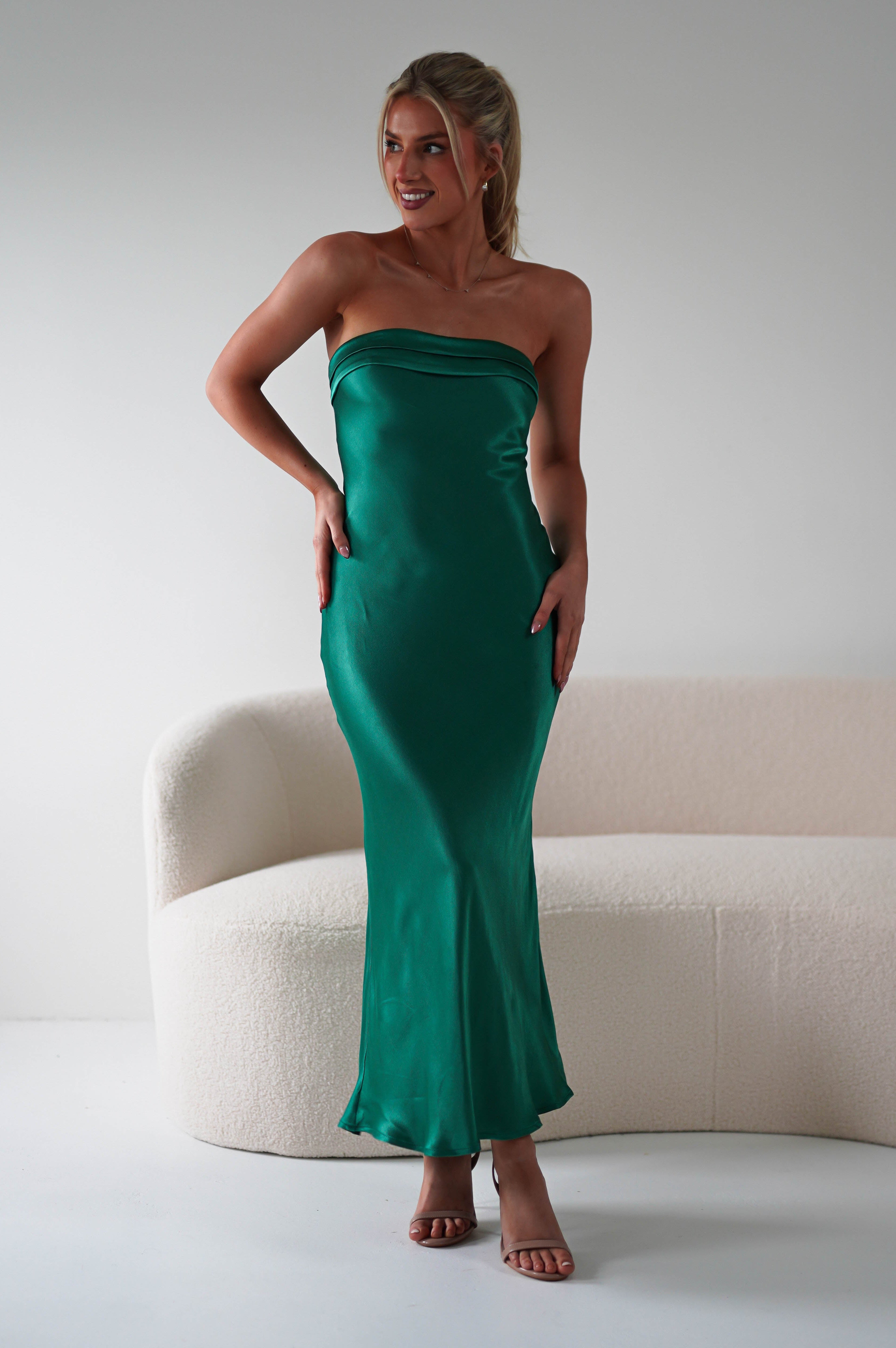 Lucia Soft Satin Slip Midi Dress | Emerald Green | Oh Hello Clothing | XS (6)