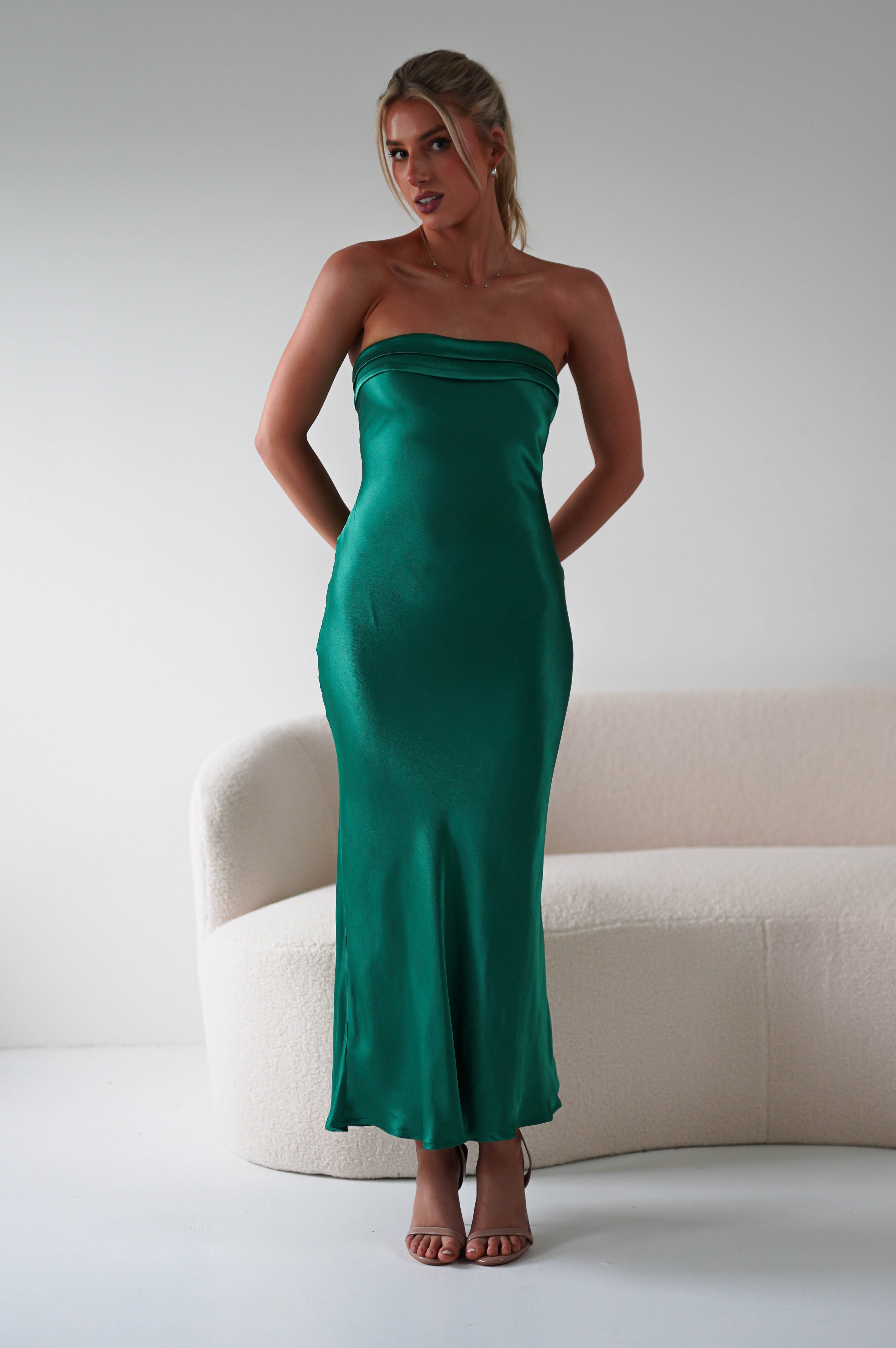Lucia Soft Satin Slip Midi Dress | Emerald Green | Oh Hello Clothing | XS (6)